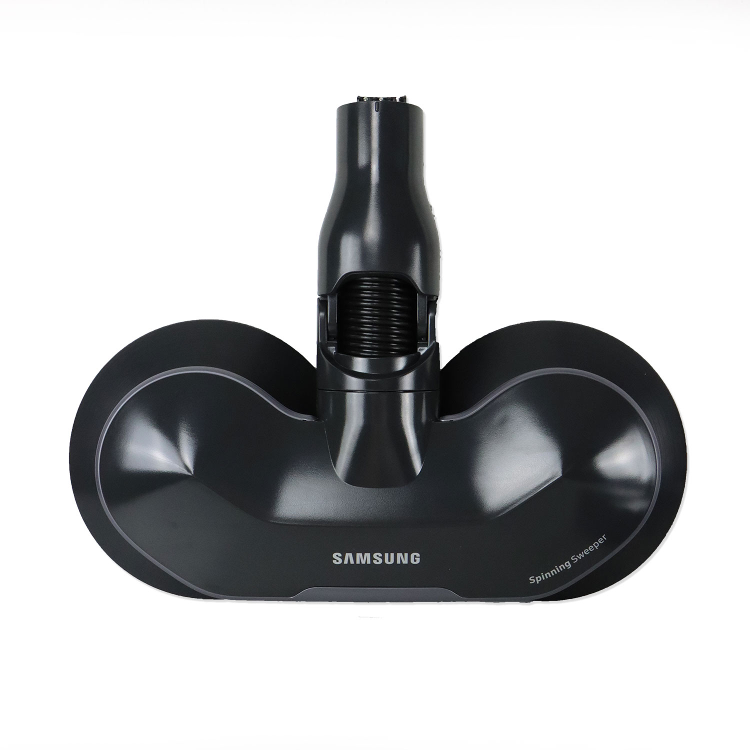 Ciemnoszara głowica obrotowa Samsung. Ma centralną szyjkę i dwie okrągłe podkładki do zamiatania. Tło jest białe.