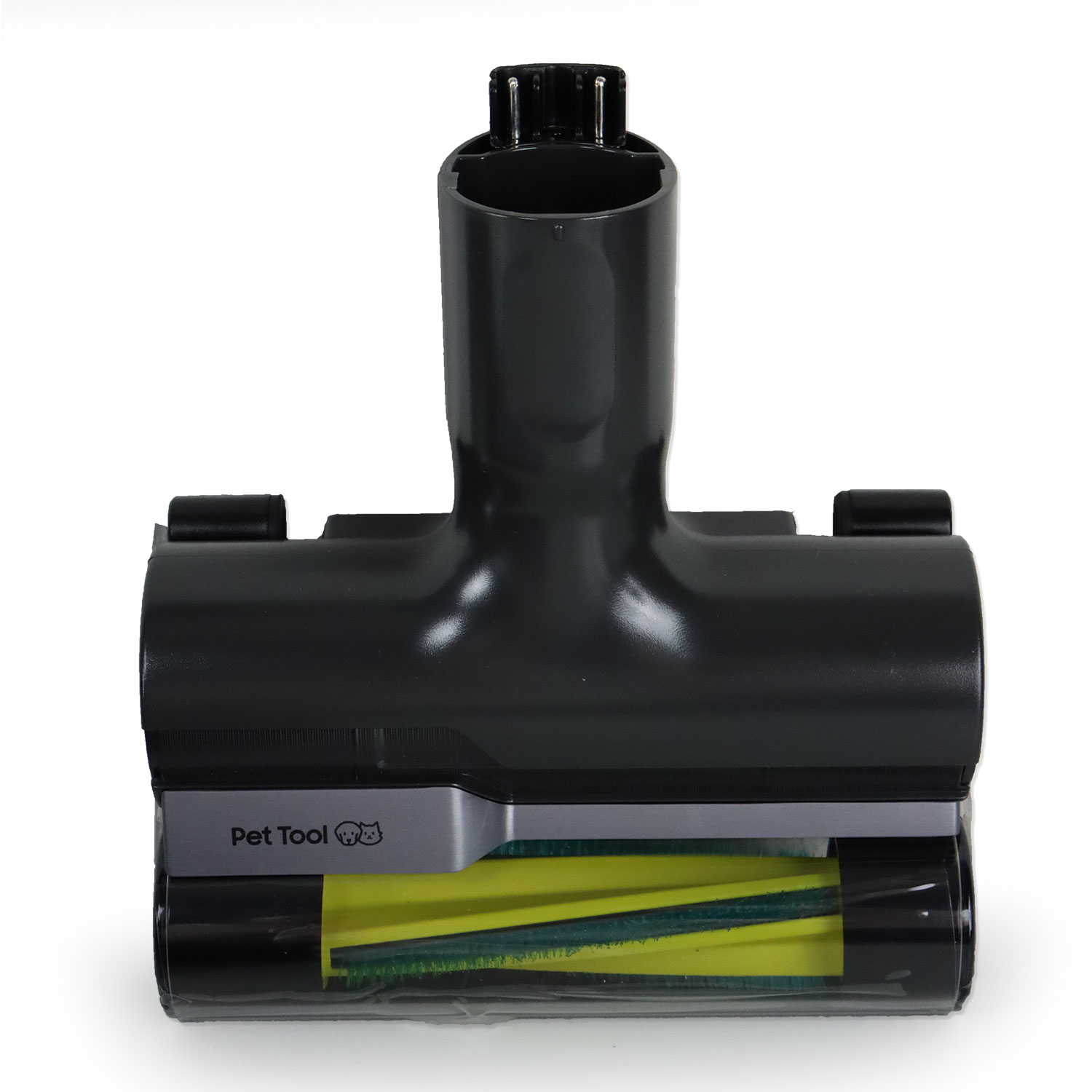 Czarny element odkurzacza dla zwierząt. Posiada obrotową szczotkę z żółto-zielonym włosiem i napis 'Pet Tool'.