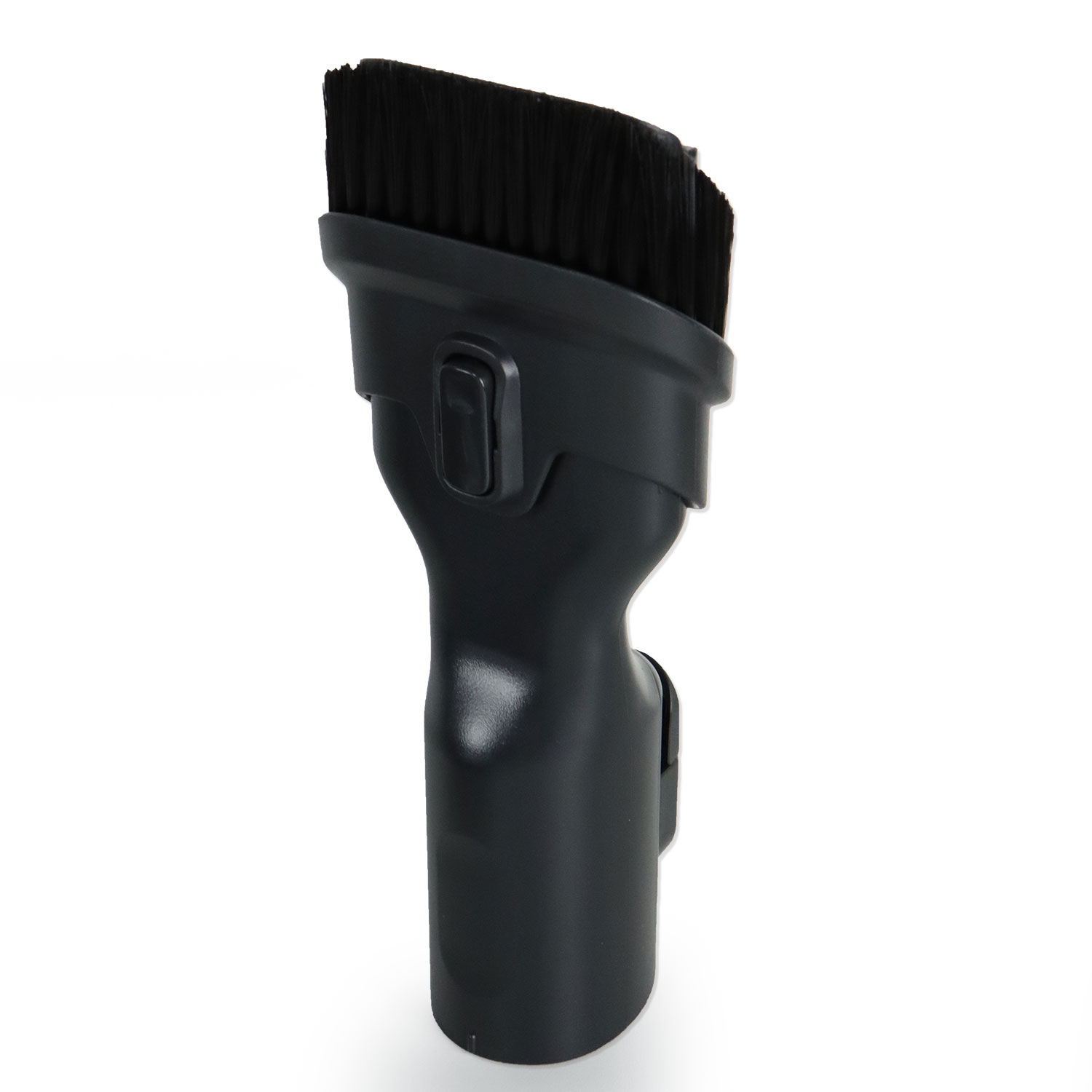 Czarna głowica szczotki do odkurzacza na białym tle. Ma włosie i uchwyt z guzikiem.