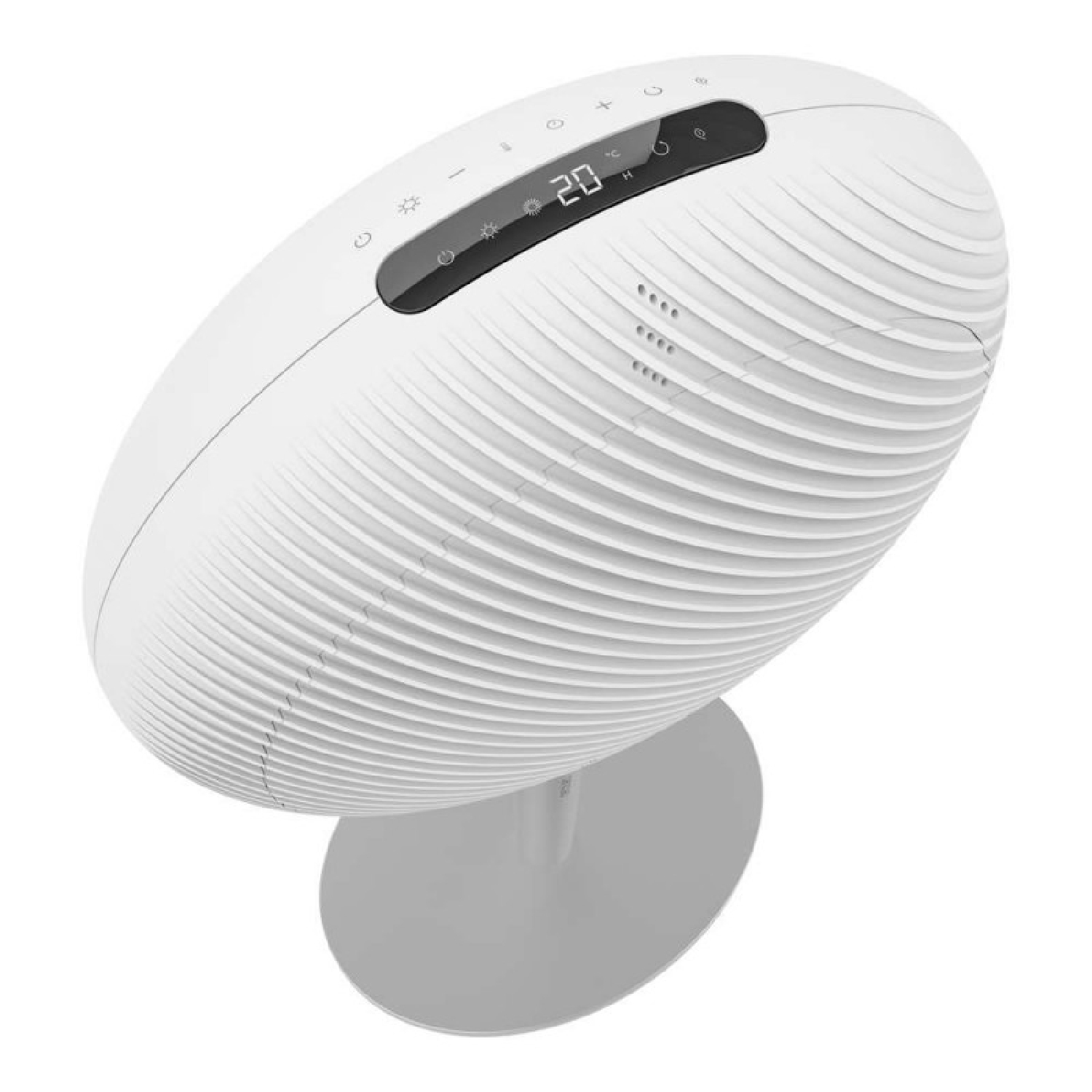 Un purificatore d'aria bianco di forma ovale con display digitale che mostra 20 gradi. È posizionato su una base rotonda.