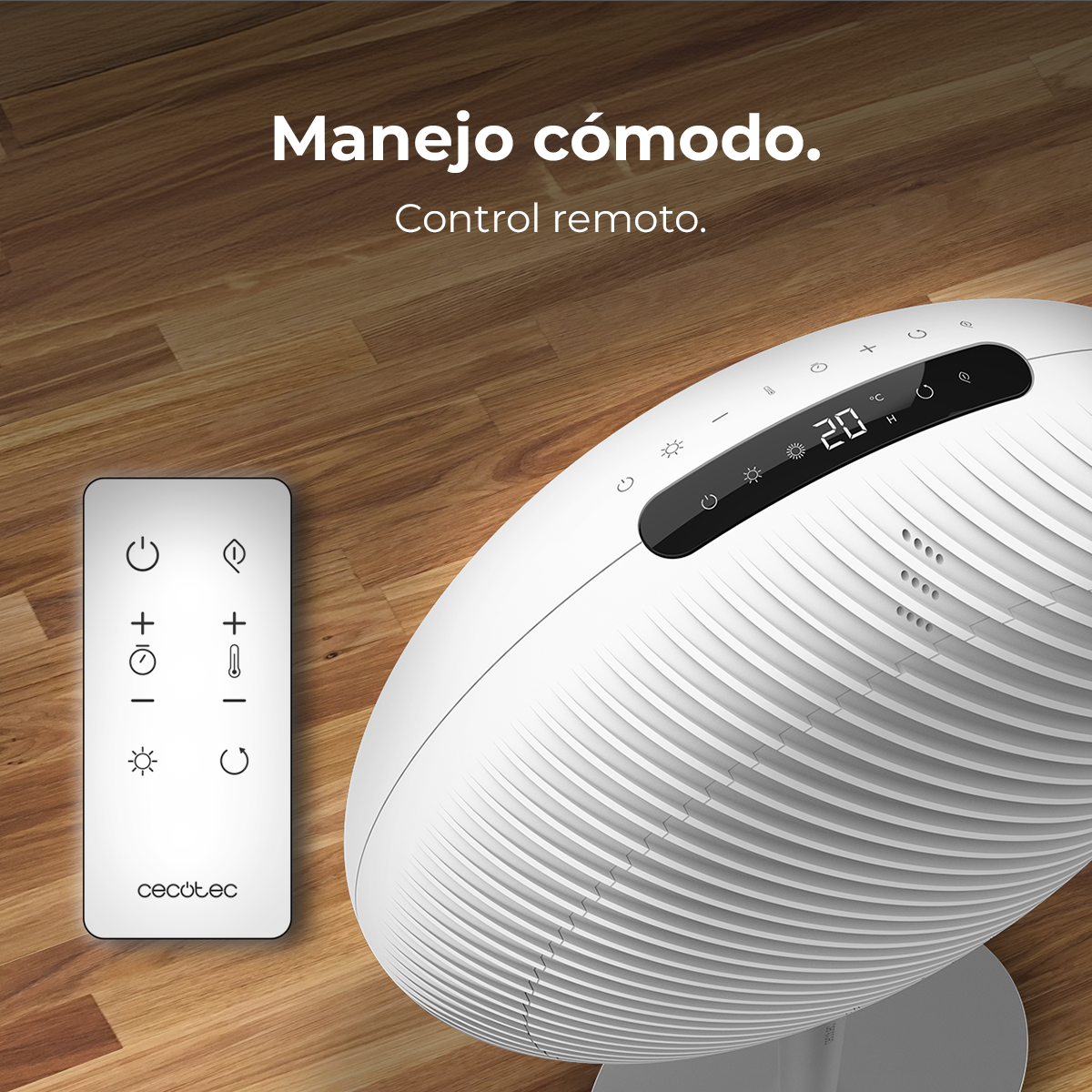 Un ventilatore bianco con telecomando su una superficie in legno. Il ventilatore mostra 20 gradi. Testo spagnolo: "Manejo cómodo, control remoto".
