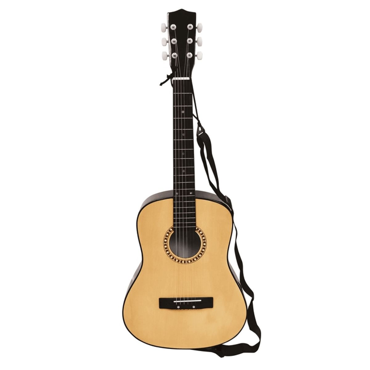 Guitarra acústica con mástil y cuerpo negros, frente de madera, correa negra y clavijas blancas. Aislada sobre fondo blanco.