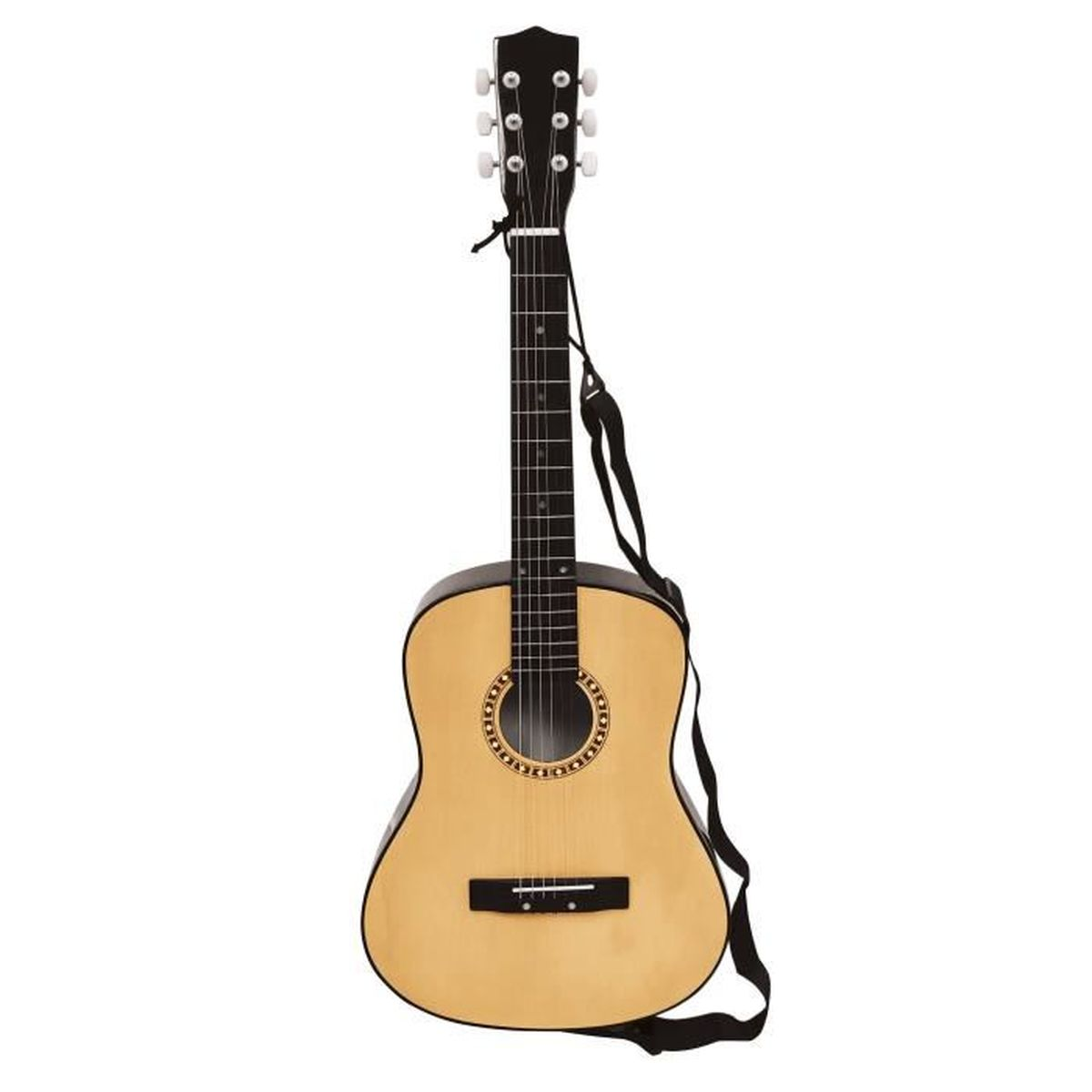 Guitarra acústica con correa negra. El cuerpo es marrón claro, el mástil negro y el clavijero negro con clavijas blancas.