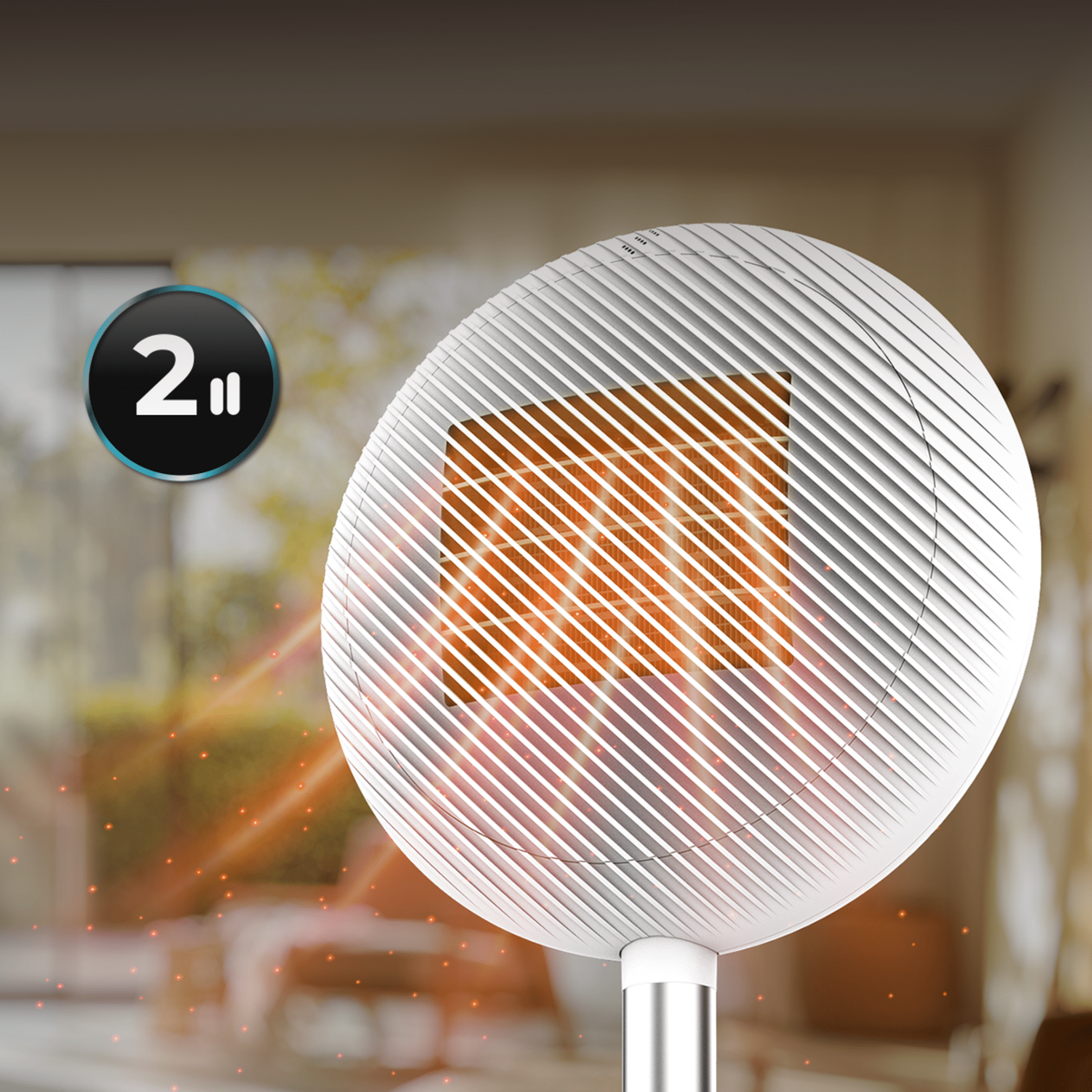 Termoventilatore elettrico bianco con elemento riscaldante arancione brillante. Icona "2" visibile. Sfondo sfocato: stanza e luce solare.