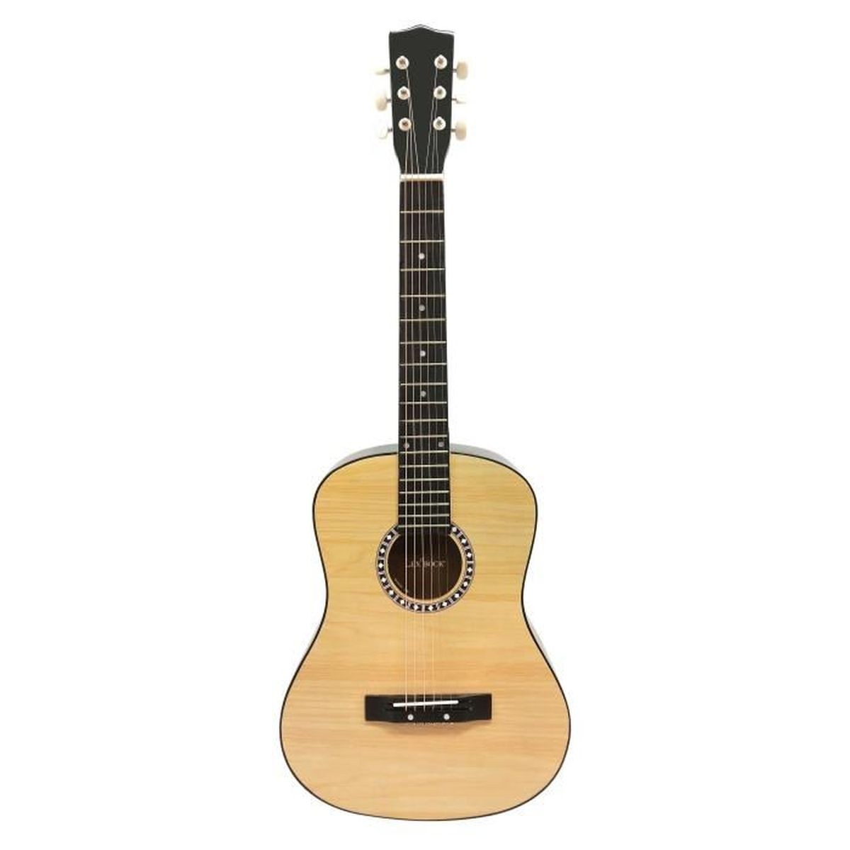 Guitarra acústica sobre fondo blanco. Tiene cuerpo de madera, mástil y clavijero negros con clavijas blancas.