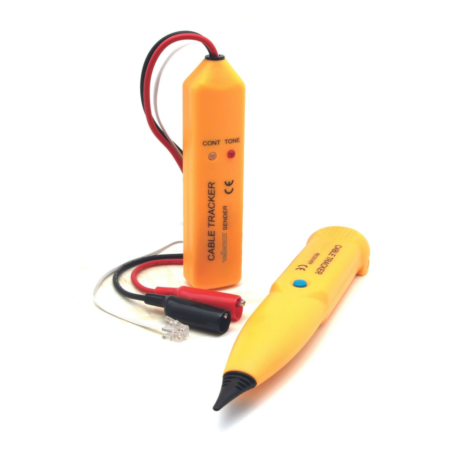 Ein orangefarbener Kabel-Tracker und Empfänger auf weißem Untergrund. Der Tracker hat Drähte mit roten und schwarzen Clips.