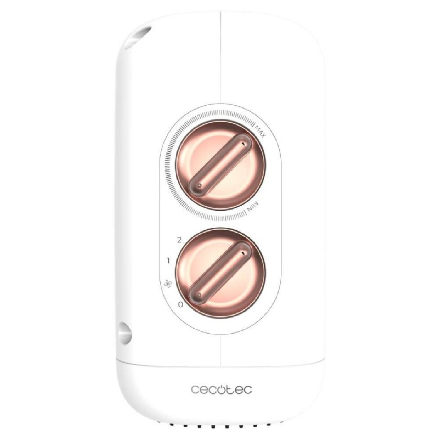 Un elettrodomestico bianco con due quadranti color bronzo. Un quadrante ha MAX/MIN, l'altro ha numeri. Il marchio 'cecotec' è sotto.