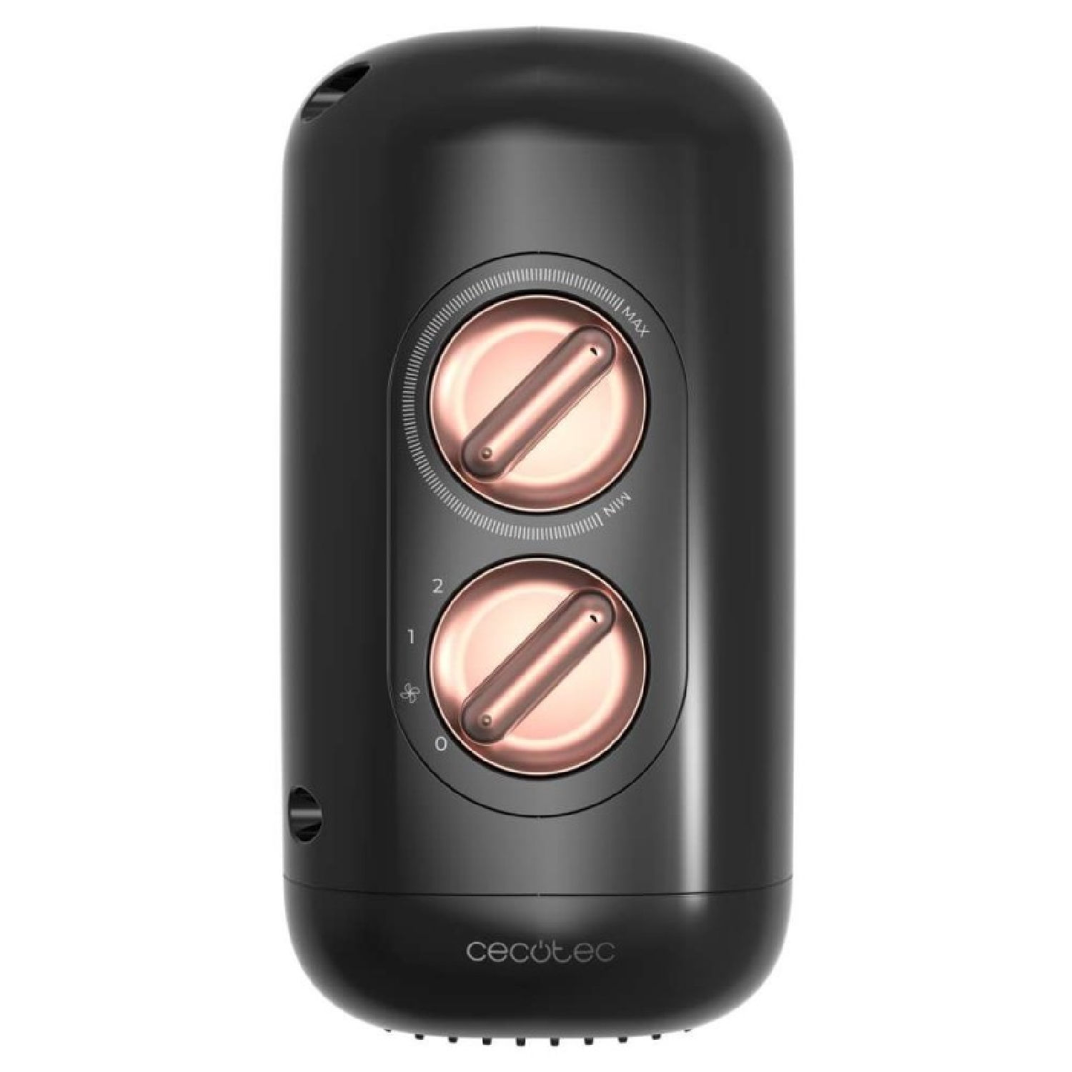 Elettrodomestico nero con due quadranti color oro rosa. Il quadrante superiore indica 'MAX' e 'MIN'. Il quadrante inferiore ha i numeri 0-2 e un simbolo a ventola.