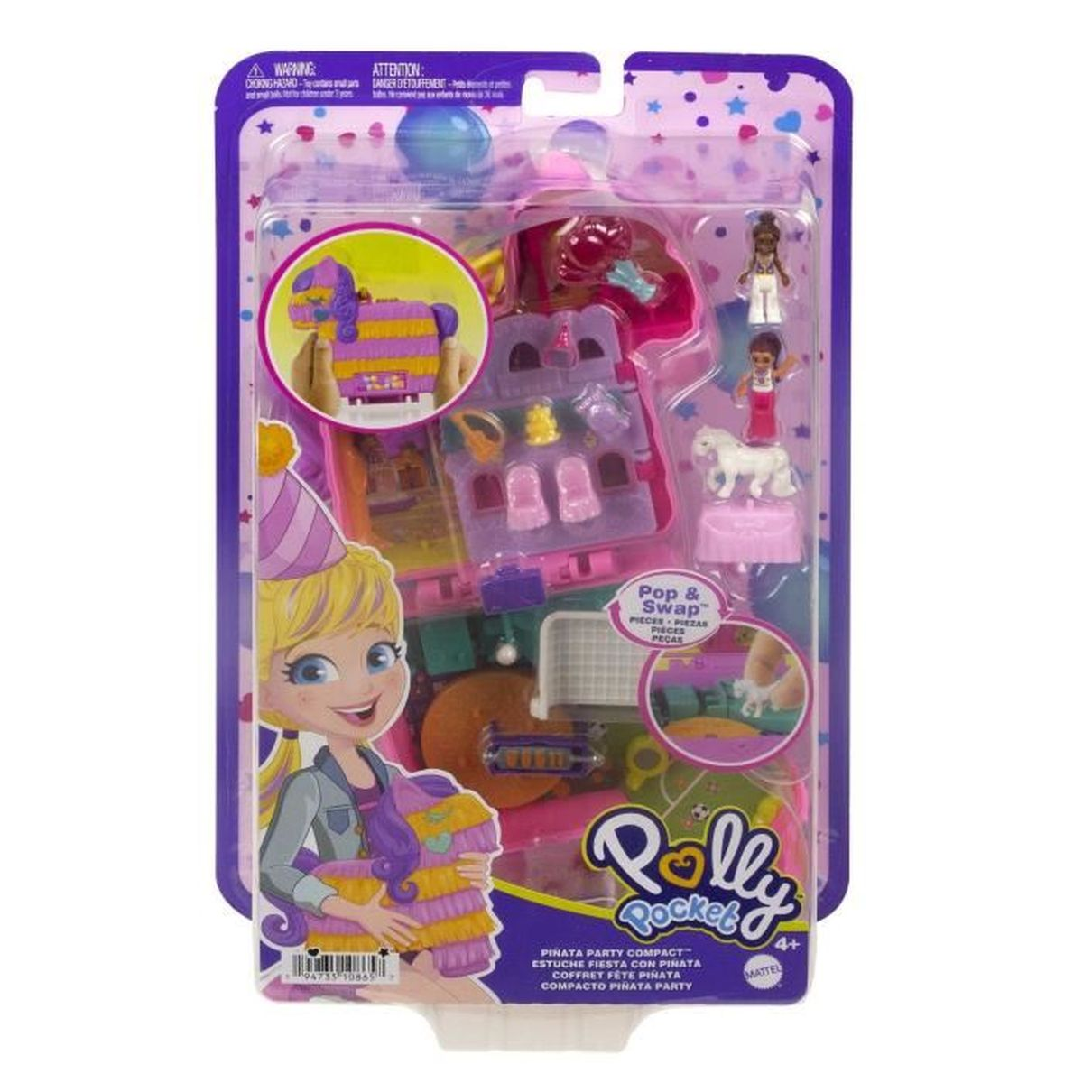 Polly Pocket Piñata Party Compact Spielzeug. Enthält eine Piñata, Figuren, ein Schloss und Zubehör, alles in einer pink-lila Verpackung.
