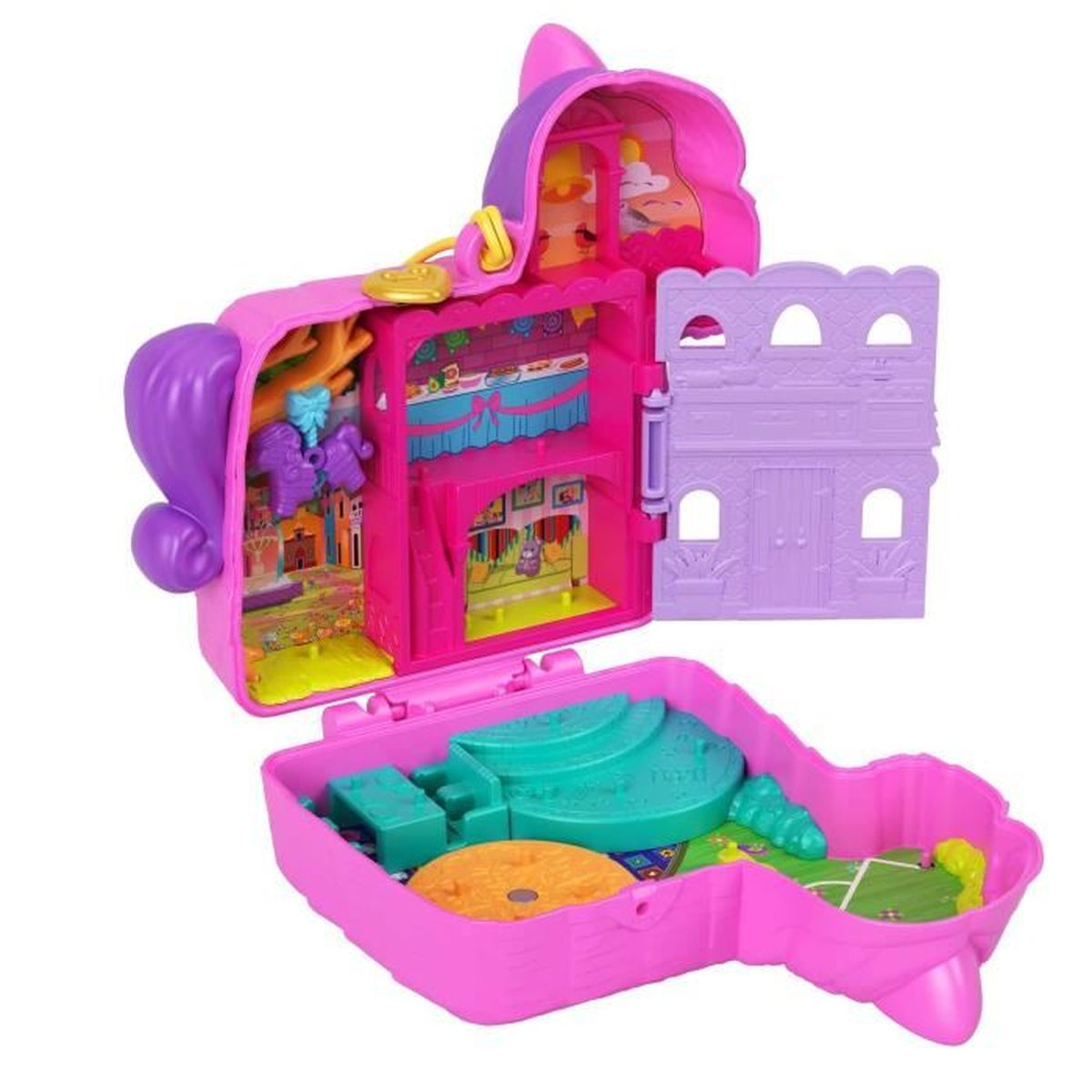 Ein pinkfarbenes Spielzeug-Spielset in Form eines Einhorns. Es öffnet sich und zeigt eine Bühne, ein Haus und einen Garten mit bunten Elementen.
