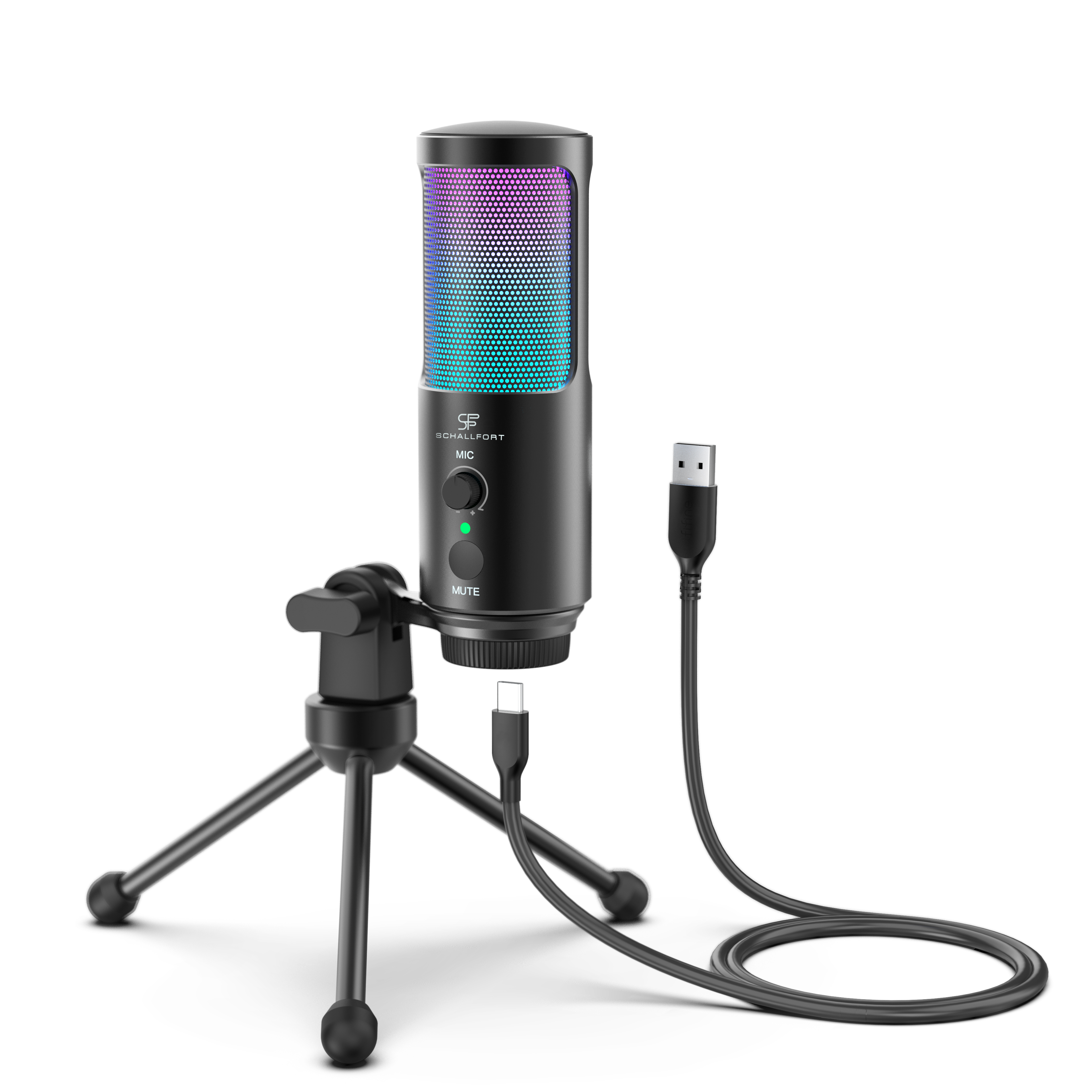 Ein schwarzes Mikrofon mit bunten Lichtern, über USB mit einem Kabel verbunden, auf einem schwarzen Stativ, vor weißem Hintergrund.