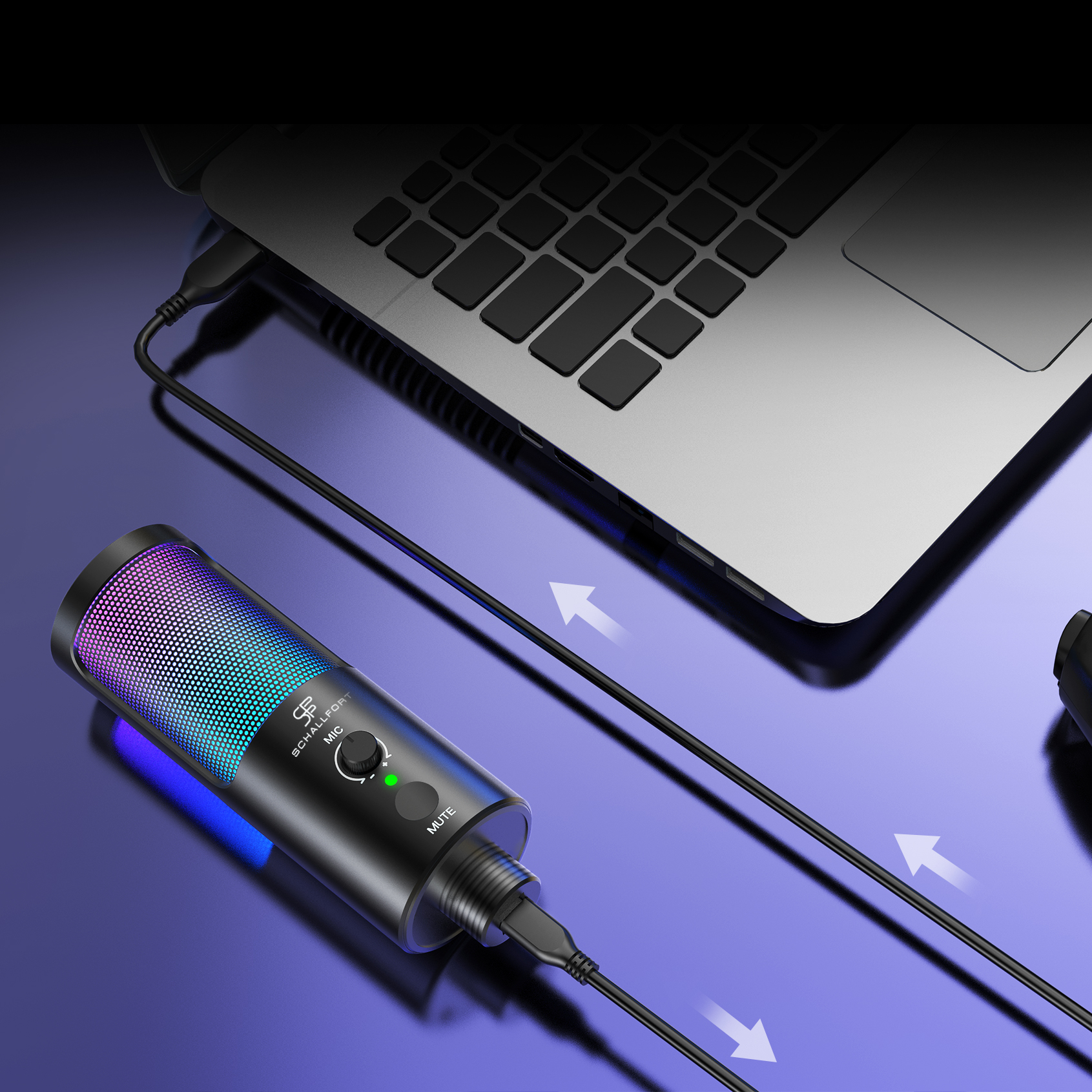 Ein Mikrofon, das über ein Kabel mit einem Laptop verbunden ist. Das Mikrofon hat bunte Lichter und eine Lautstärkeregelung.