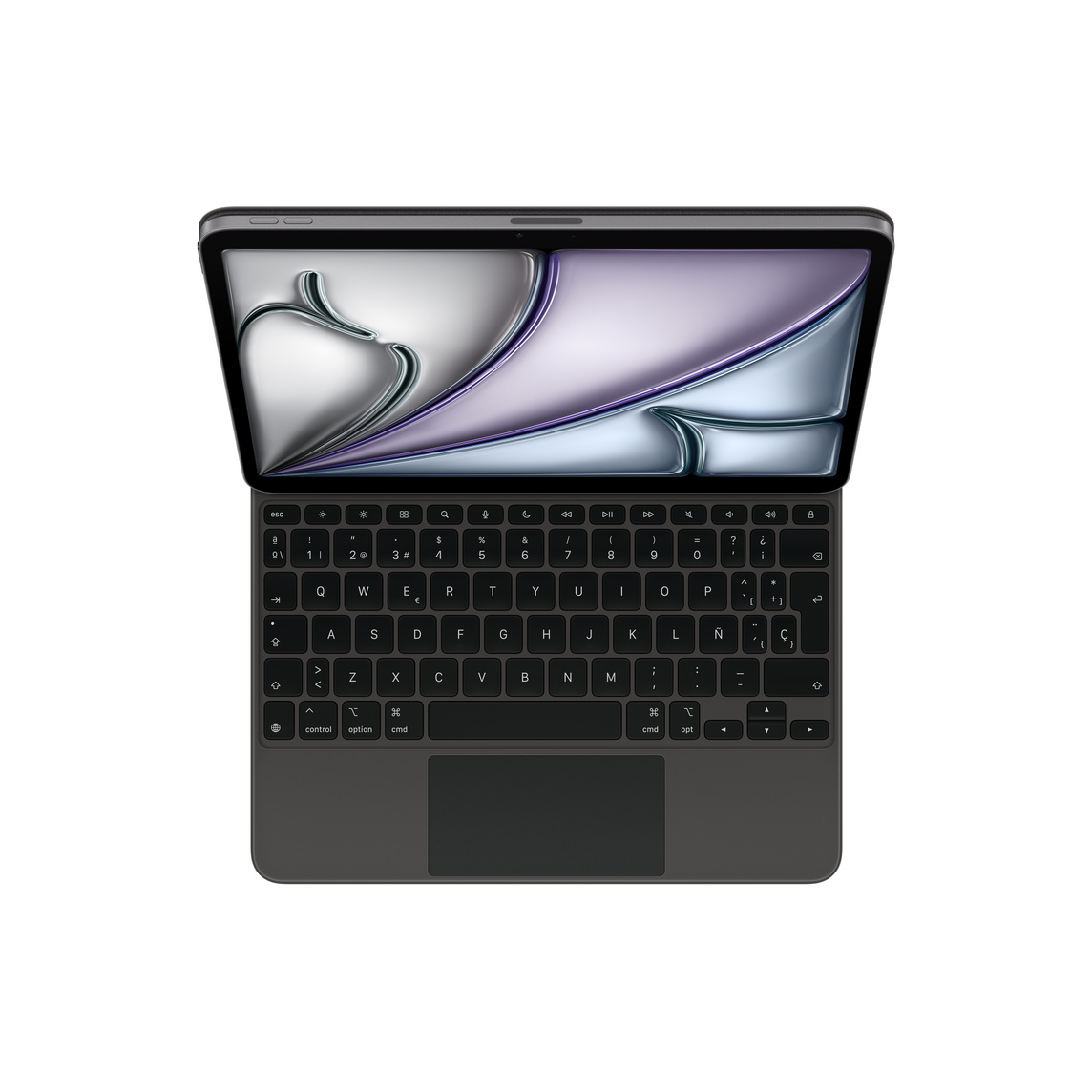 Vista dall'alto di un tablet grigio scuro con tastiera collegata. Lo schermo mostra un design astratto argento e viola. Sfondo bianco.
