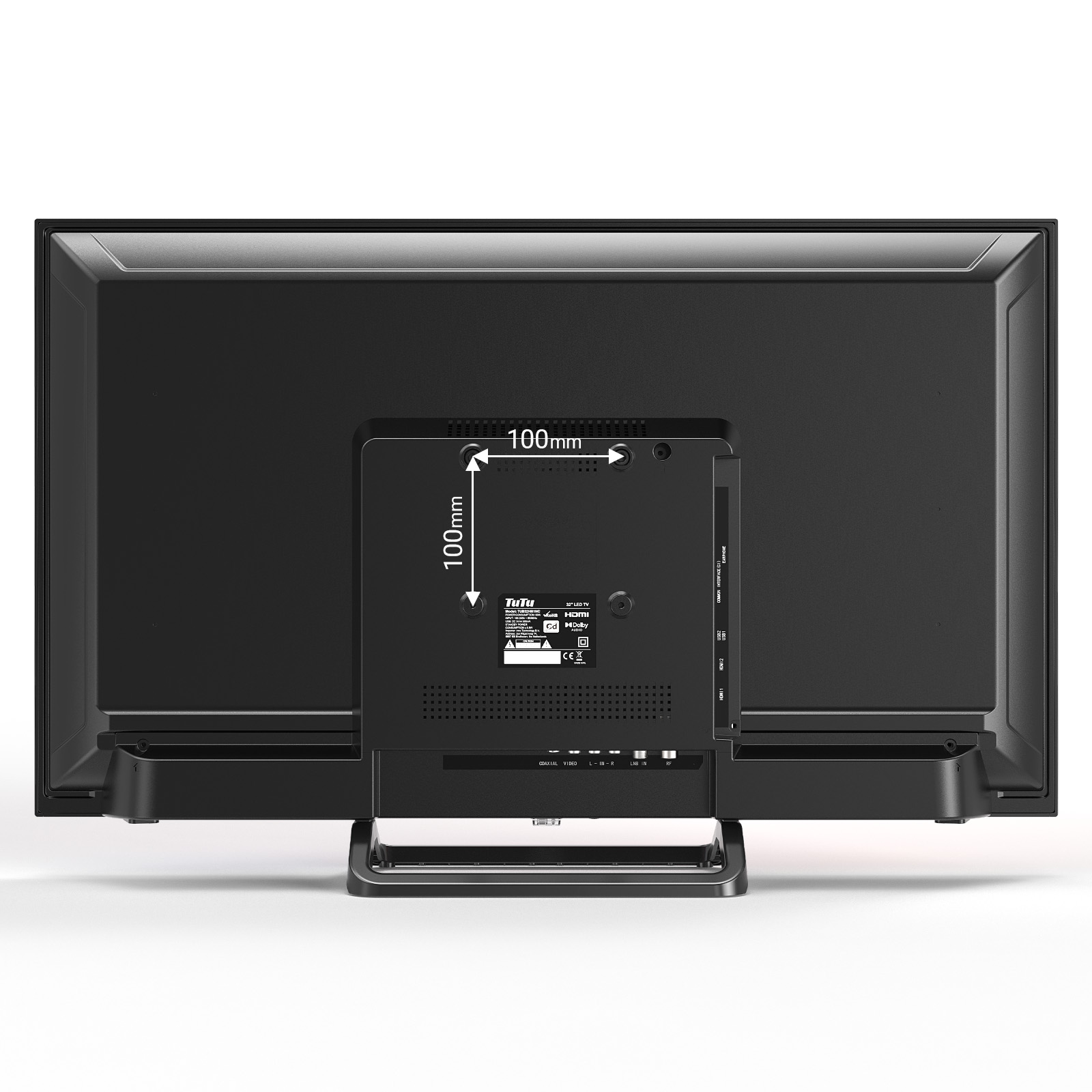 Rückseite eines schwarzen TuTu 32" LED-Fernsehers. Es hat Anschlüsse, einen Ständer und ein Maß von 100 mm x 100 mm.