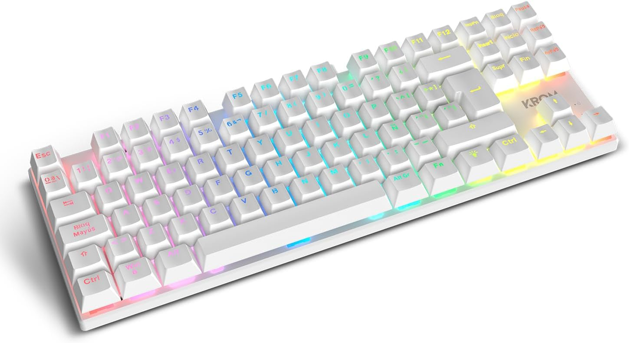 Un teclado mecánico blanco con teclas retroiluminadas, etiquetadas con letras, números y símbolos, sobre una superficie blanca.