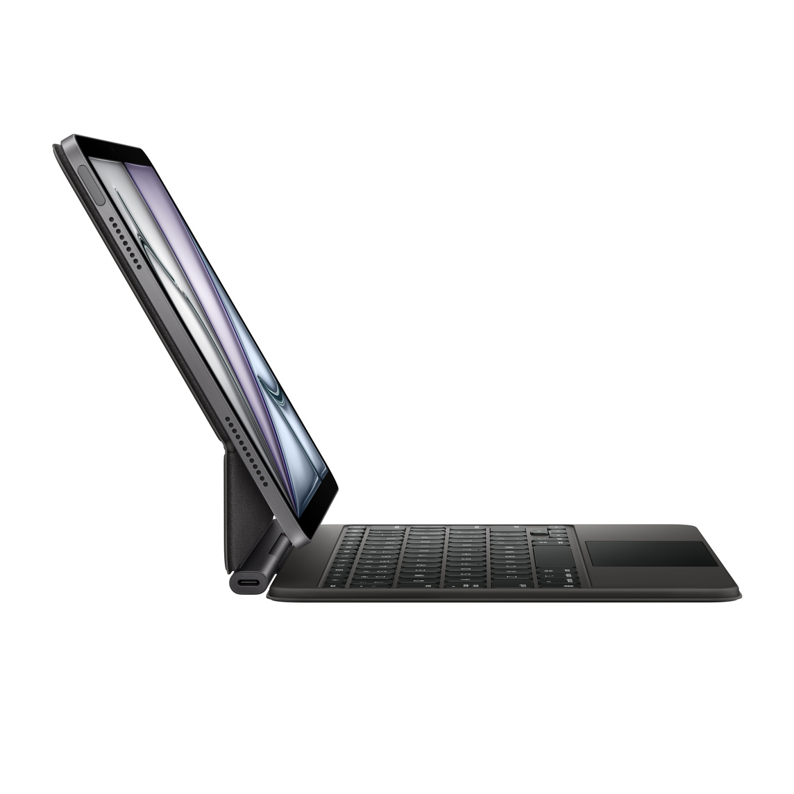 Ein Tablet mit Tastaturhülle ist geöffnet. Der Bildschirm zeigt ein farbenfrohes Bild. Tastatur und Hülle sind dunkelgrau.