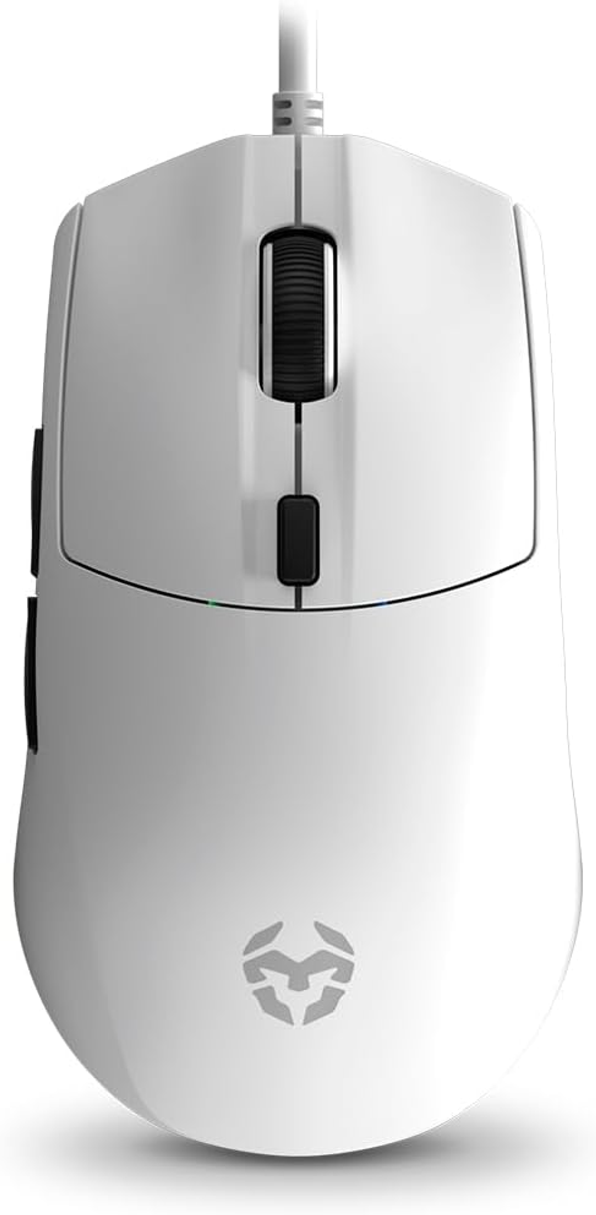 Un mouse per computer bianco con rotella e logo. Ha un cavo e pulsanti neri laterali.