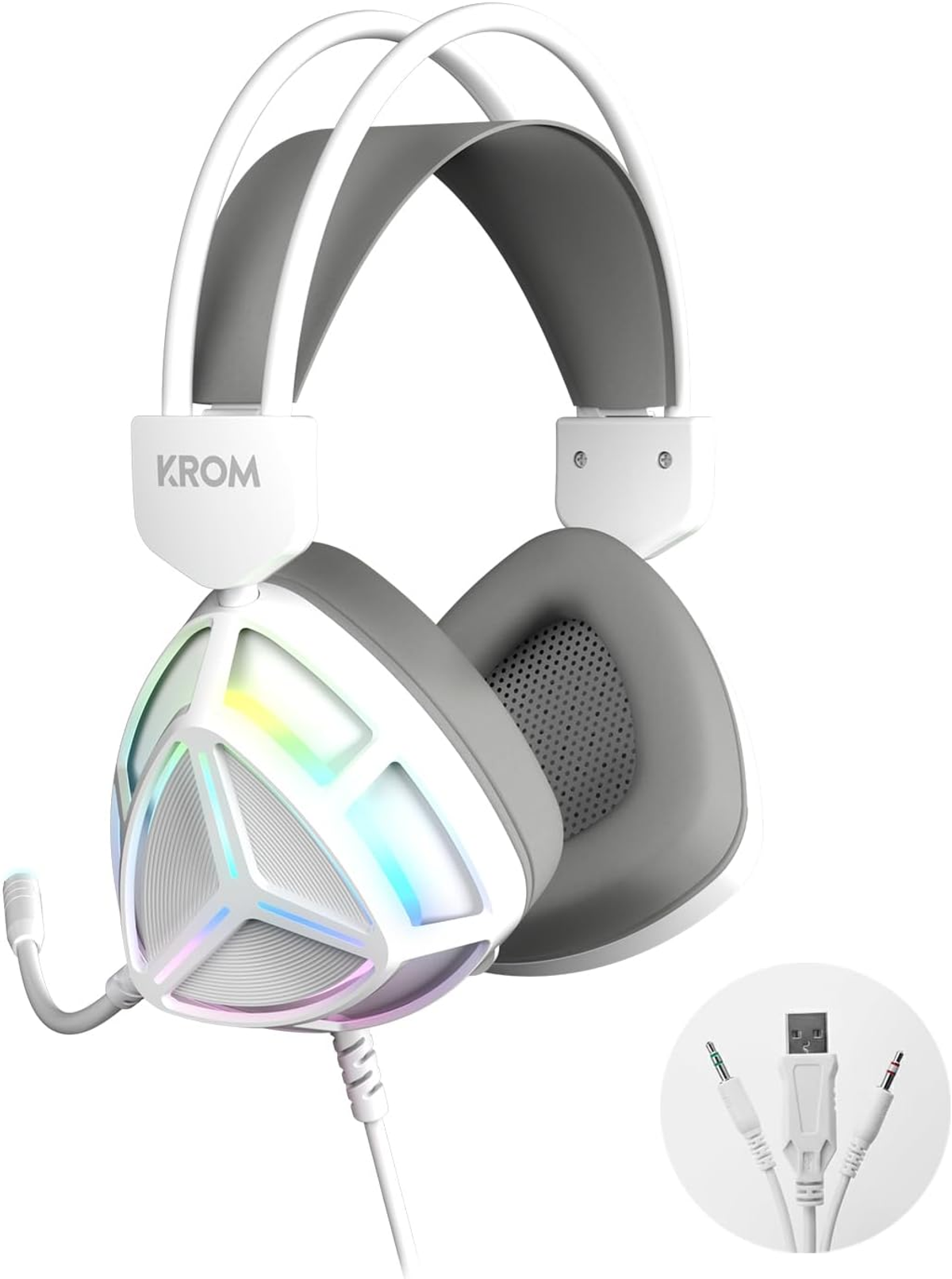 Cuffie da gioco bianche e grigie con luci RGB. Include microfono e connettori USB/audio. Logo KROM visibile.