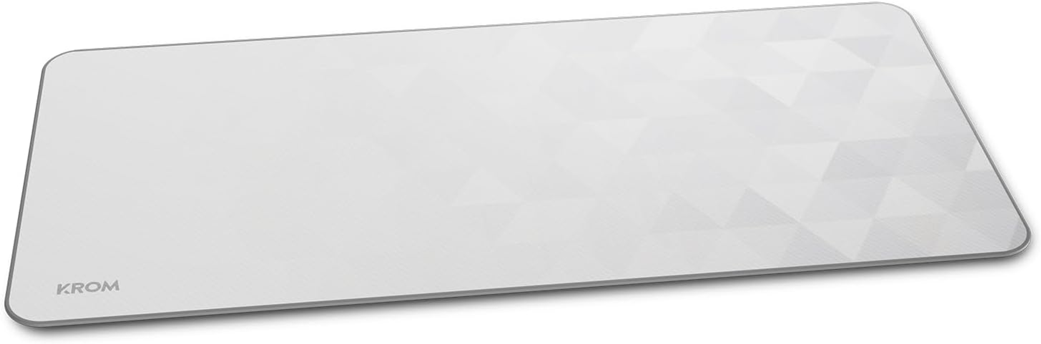 Un tappetino per mouse rettangolare bianco con un motivo geometrico e un bordo grigio. Il marchio "KROM" è visibile.