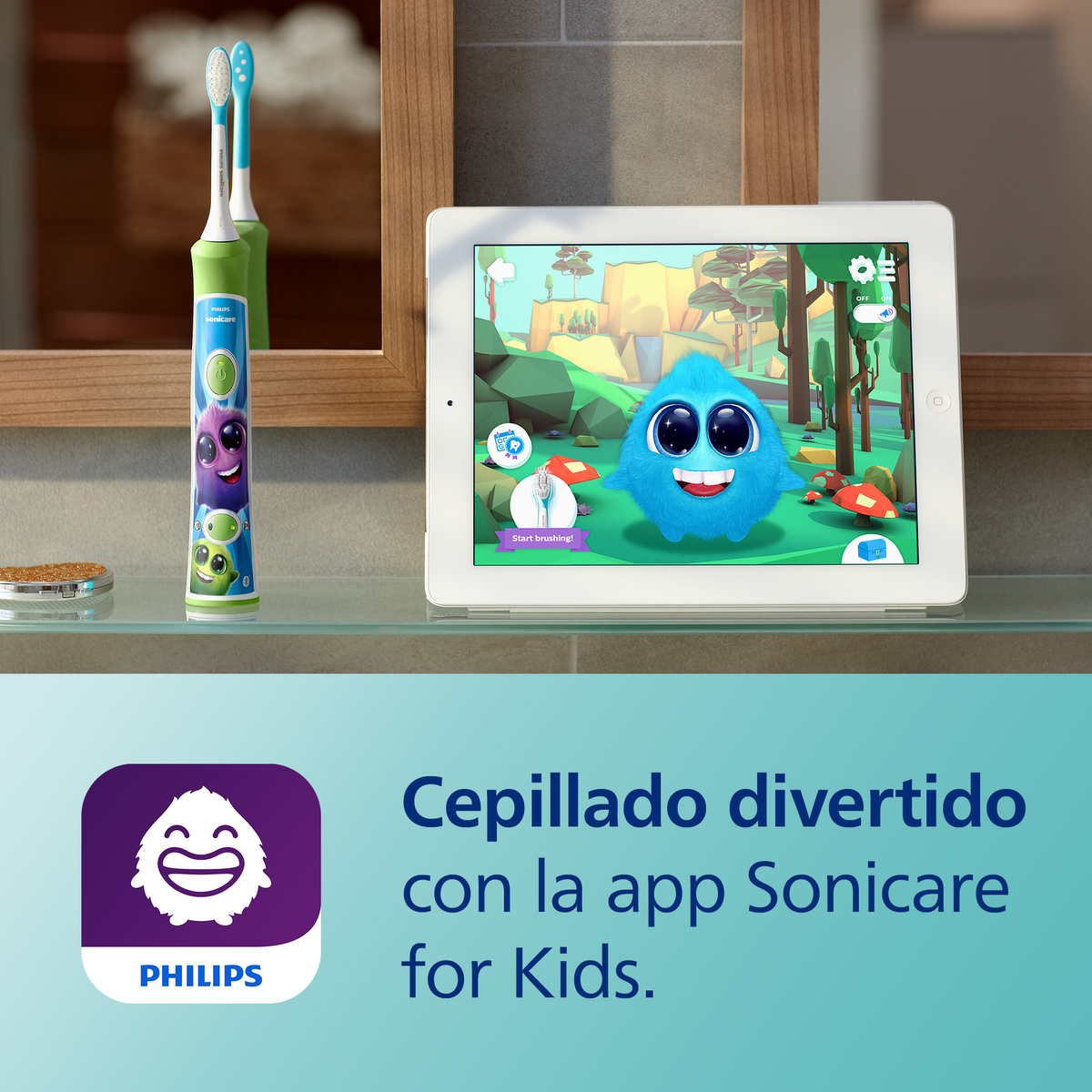 Szczoteczka do zębów i tablet z postacią z kreskówki. Tekst brzmi: "Cepillado divertido con la app Sonicare for Kids."