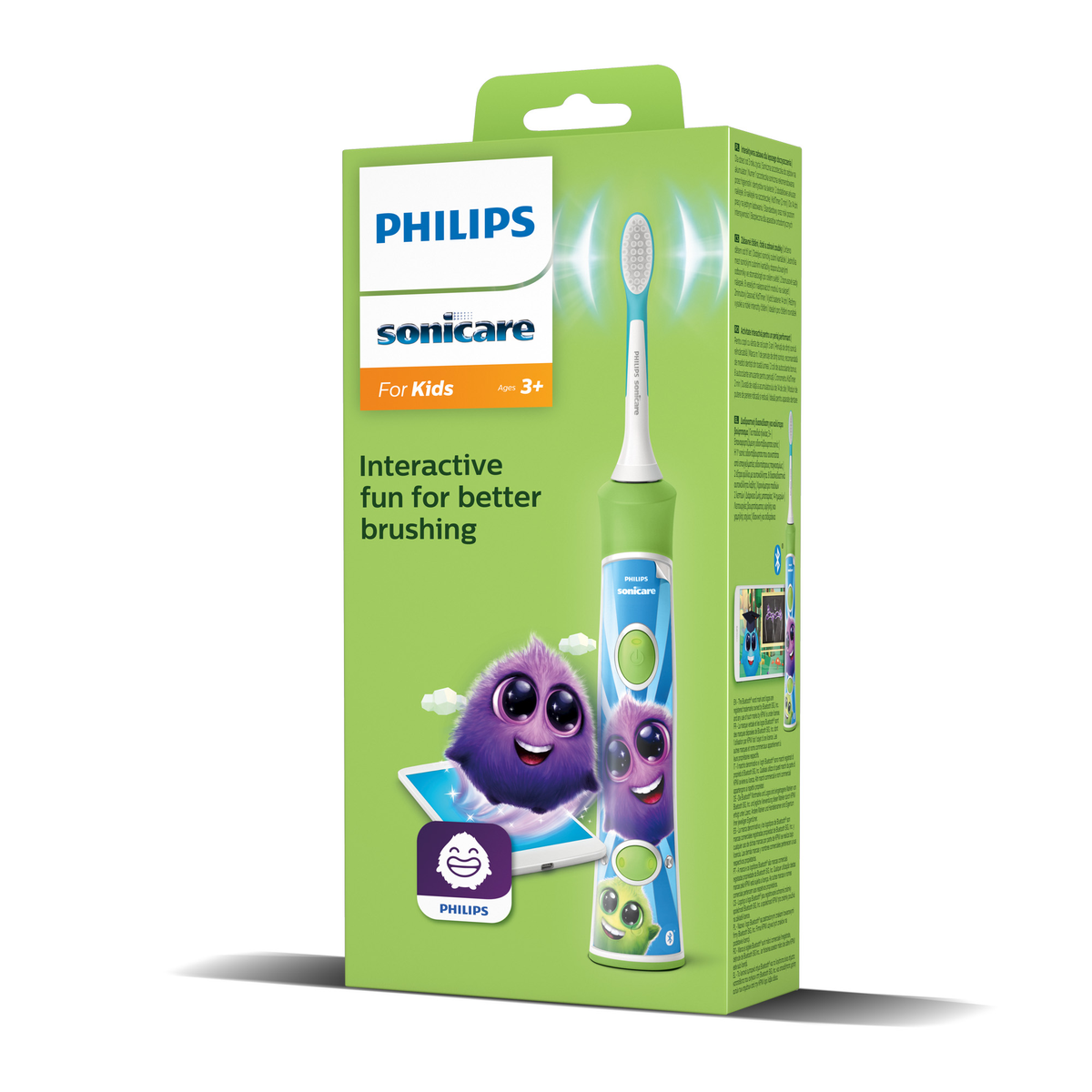 Pudełko z szczoteczką do zębów Philips Sonicare dla dzieci. Jest zielone i niebieskie, z postaciami z kreskówek.