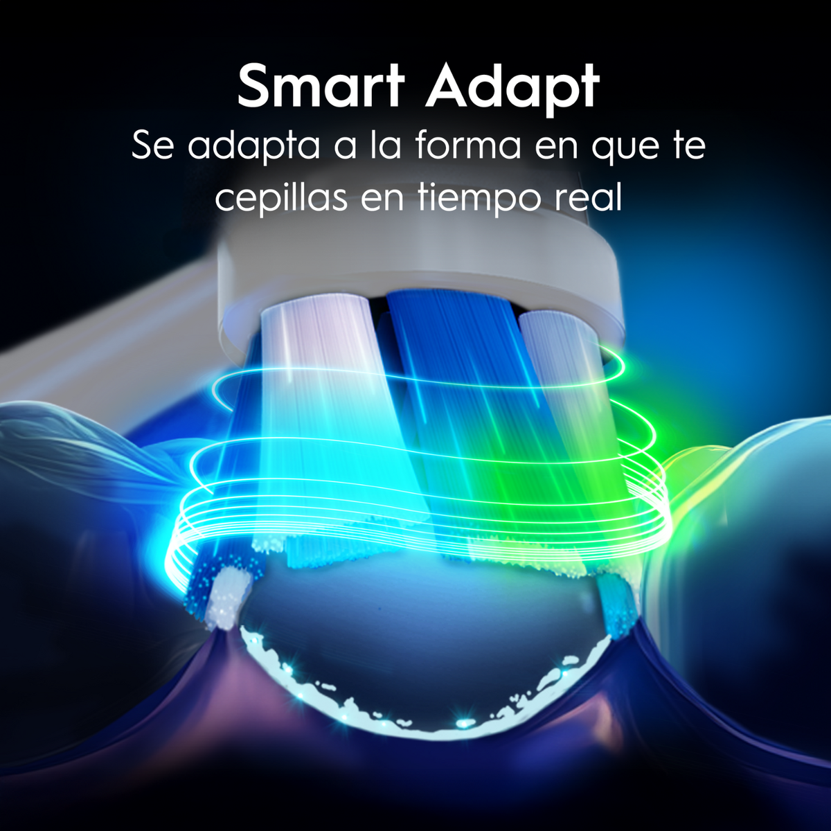 Primo piano di una testina con setole blu, verdi e bianche. Linee luminose roteano attorno, con testo sopra.