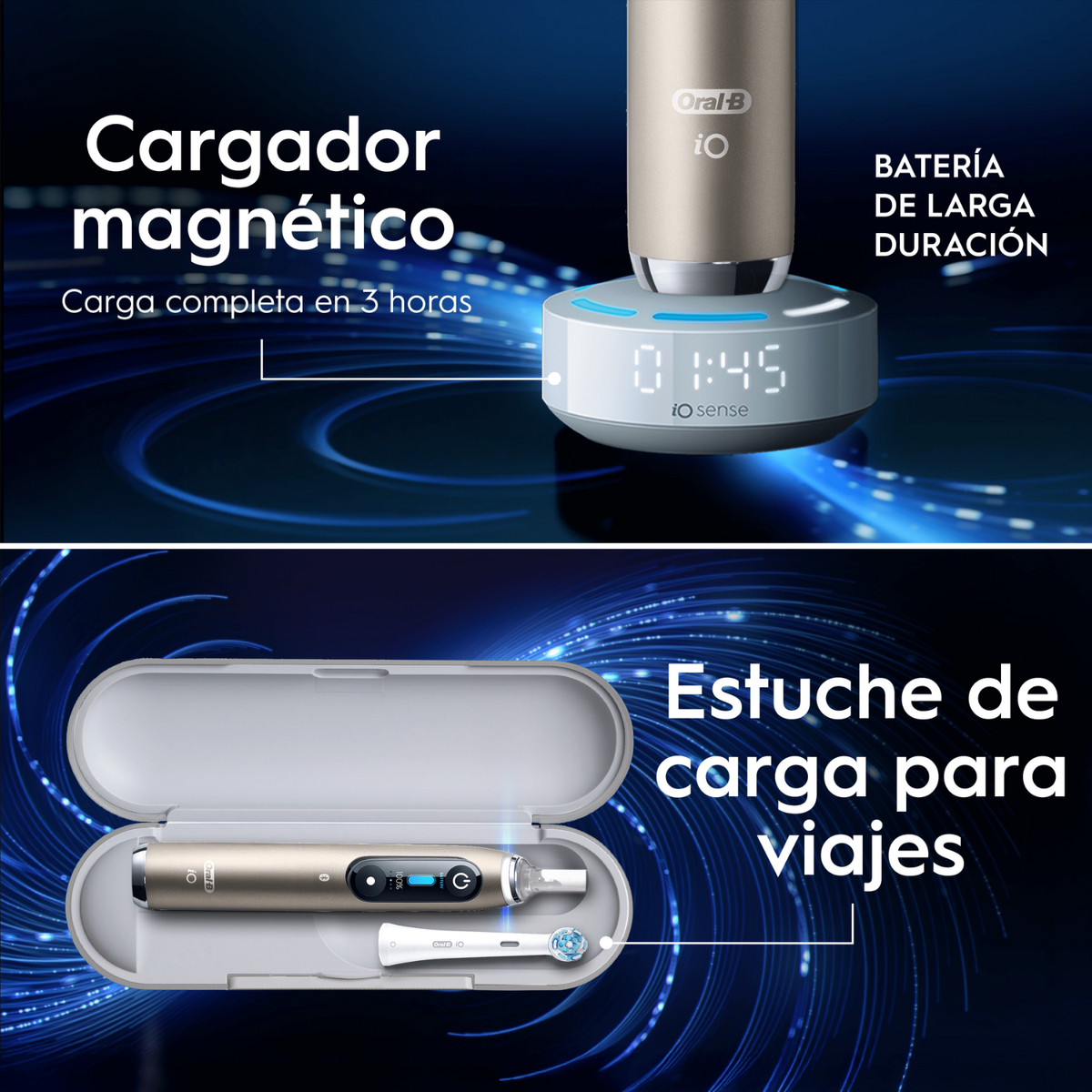 Un spazzolino elettrico Oral-B iO e accessori sono esposti. Lo spazzolino è dorato e la base di ricarica mostra l'ora. La custodia da viaggio è aperta.