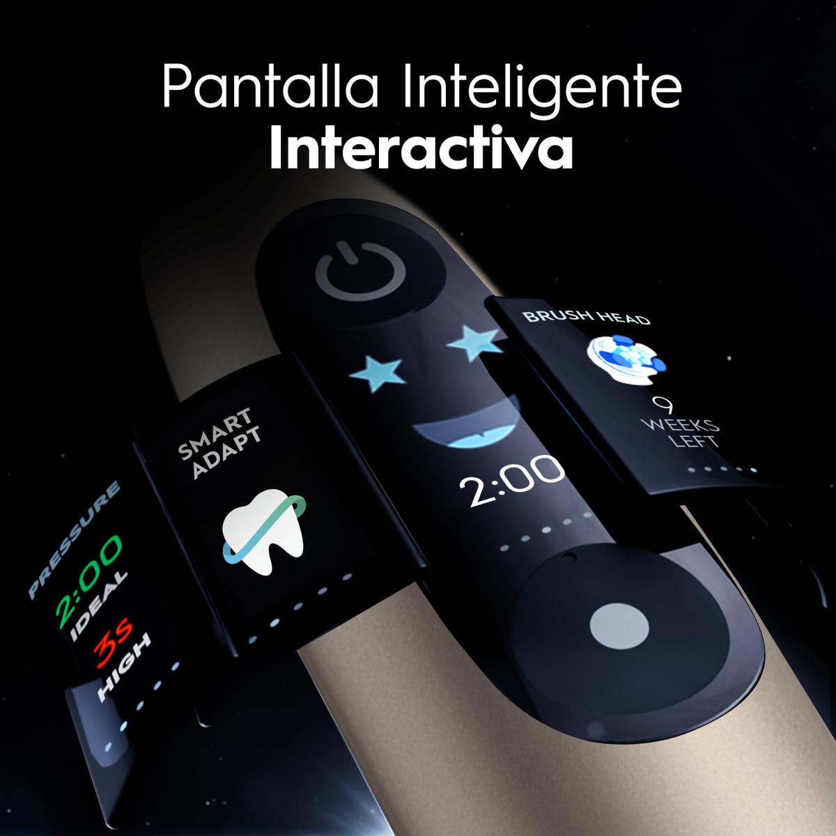 Primo piano di uno spazzolino intelligente che mostra pressione, tempo e stato della testina, con sfondo stellato e il testo 'Interactiva'.