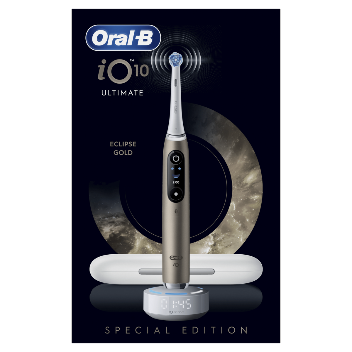 Uno spazzolino elettrico Oral-B iO10 Ultimate, Eclipse Gold, con base di ricarica e custodia da viaggio. Edizione speciale.