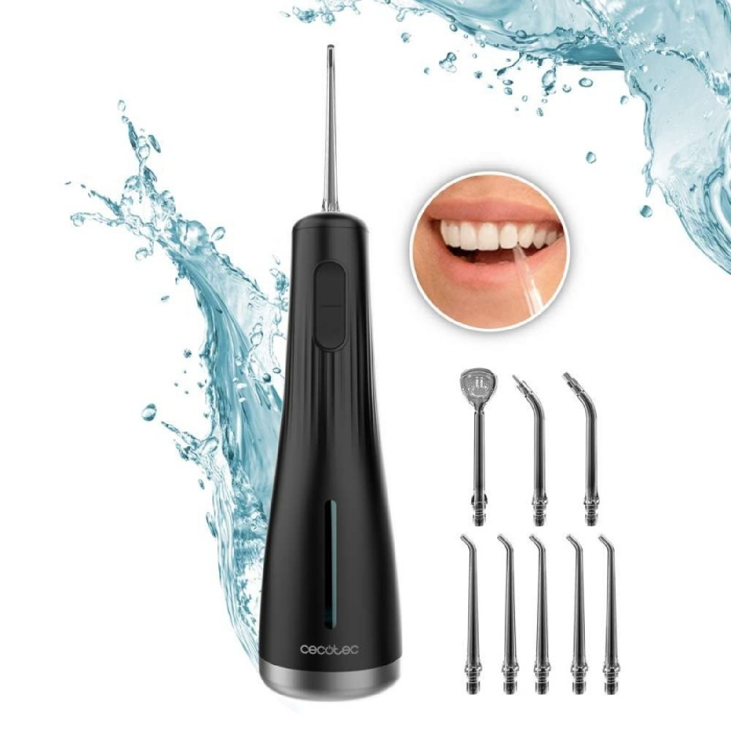 Un idropulsore nero con vari beccucci. Un primo piano mostra i denti in fase di pulizia. Effetto spruzzo d'acqua sullo sfondo.
