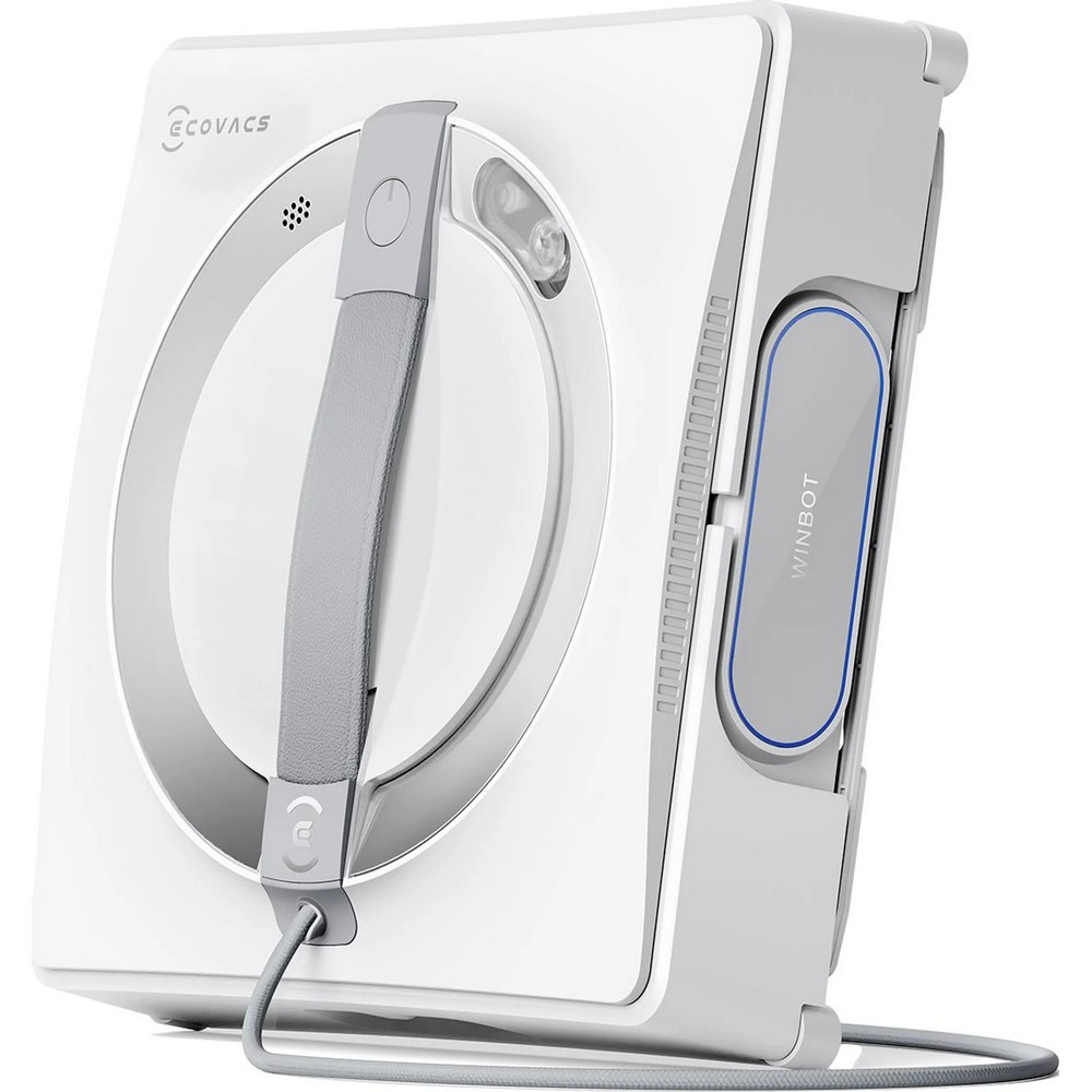 Biało-szara myjka do okien Ecovacs Winbot. Ma uchwyt i kabel. Słowo Winbot jest napisane z boku.
