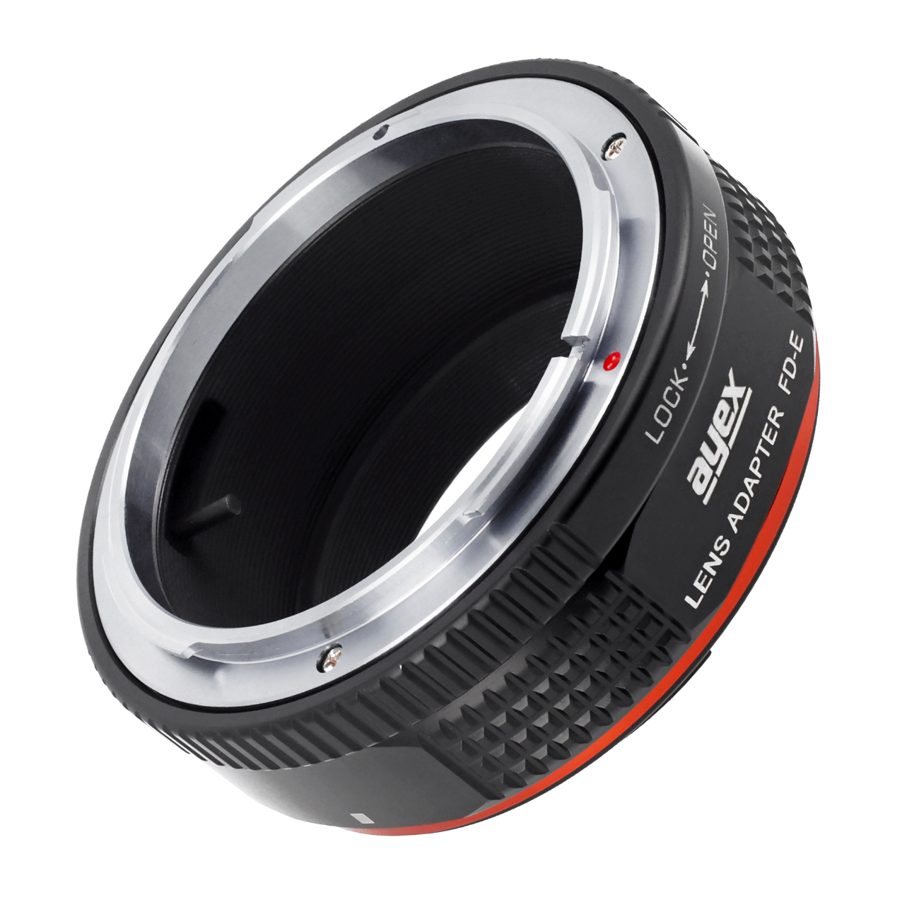 Ein schwarzer und silberner Objektivadapter. Er hat eine offene Mitte und rote und orangefarbene Akzente mit dem Text 'ayex LENS ADAPTER FD-E'.