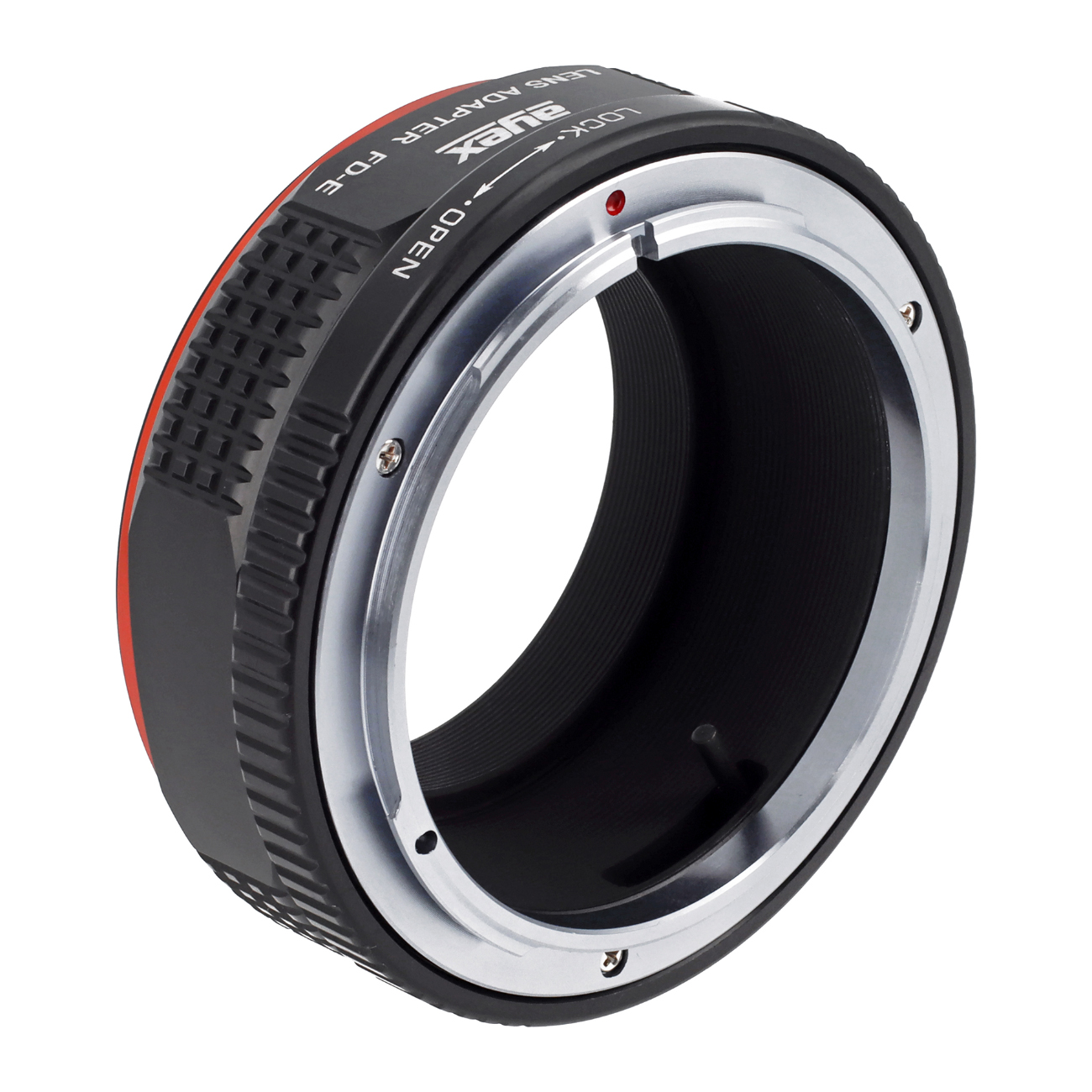 Ein schwarzer Objektivadapter mit silbernem Ring. Er hat rote Akzente und den Text 'Lens Adapter FD-E'. Der Hintergrund ist weiß.
