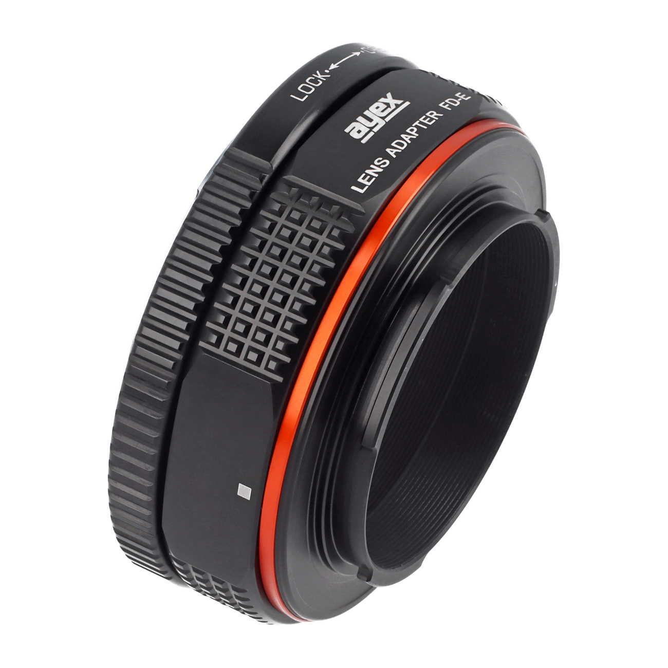 Ein schwarzer und orangefarbener Kameraobjektivadapter. Der Adapter trägt den Text 'ayex LENS ADAPTER FD-E' und 'LOCK'.