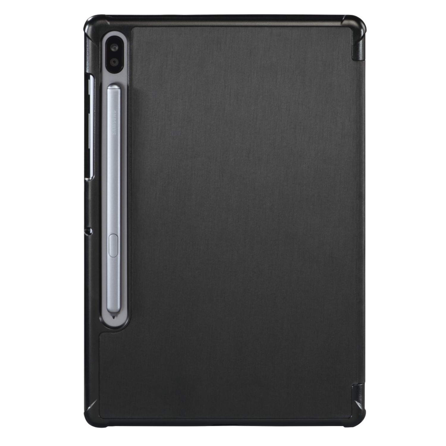 Eine schwarze Tablethülle mit einem Stift. Die Hülle hat eine strukturierte Oberfläche und einen Schutzrahmen.