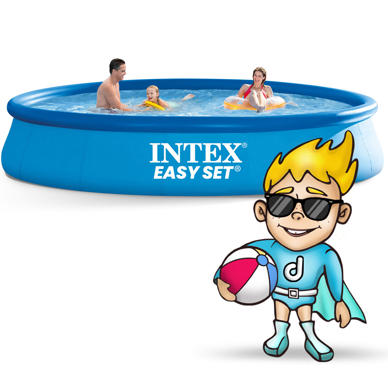Rodzina pływa w basenie Intex Easy Set. Postać z kreskówki superbohatera trzyma piłkę plażową w pobliżu basenu.