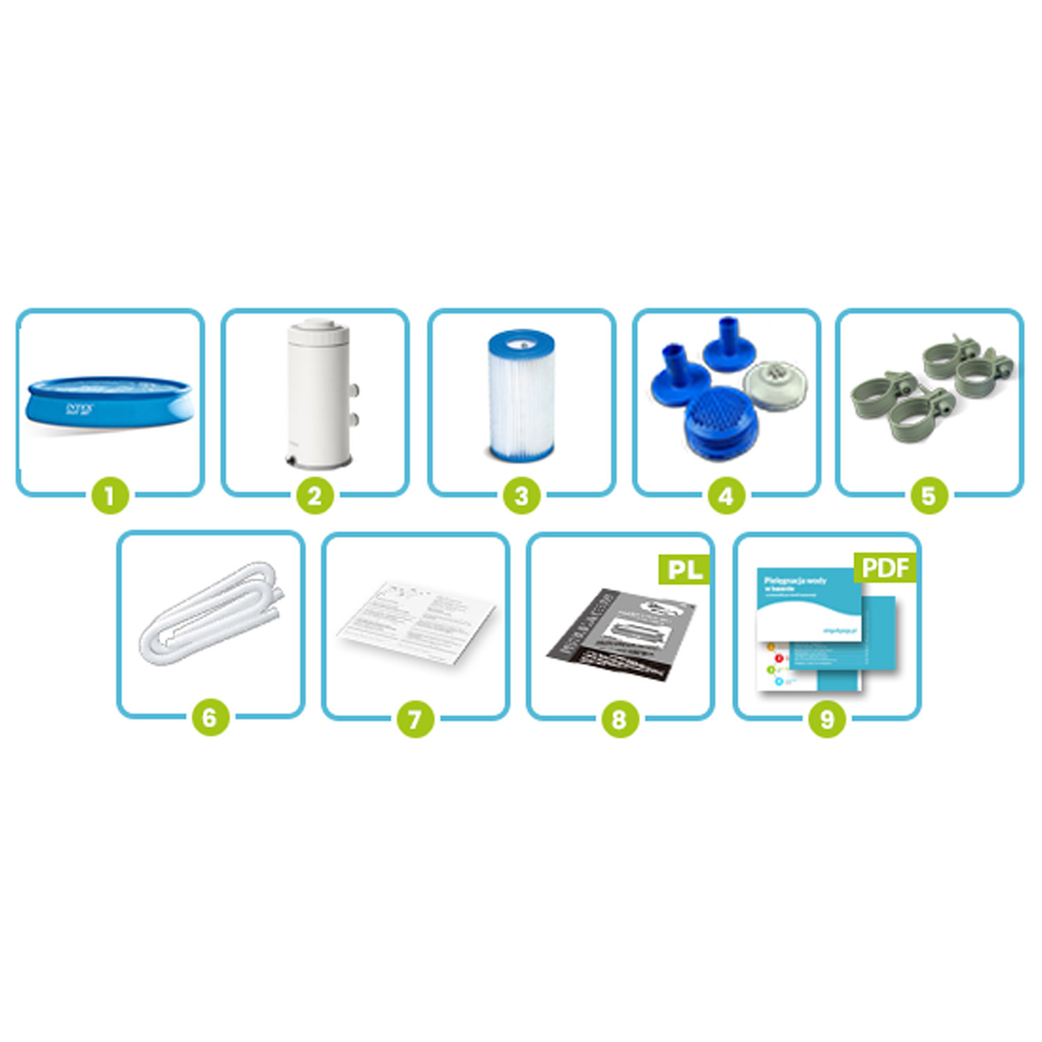 Dziewięć oznaczonych zdjęć wyposażenia basenu: basen, filtr, pompa, zaciski, wąż, instrukcje i dokumenty. Dominują kolory niebieski i biały.