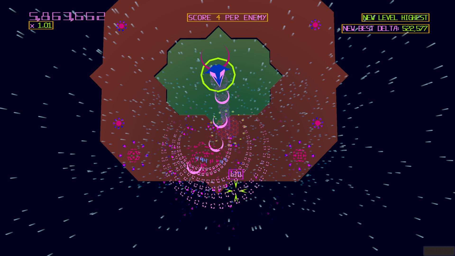 Eine Weltraum-Videospielszene mit geometrischen Formen, Textüberlagerungen und einem dunkelblauen Hintergrund mit weißen Streifen. Das Gameplay ist abstrakt.