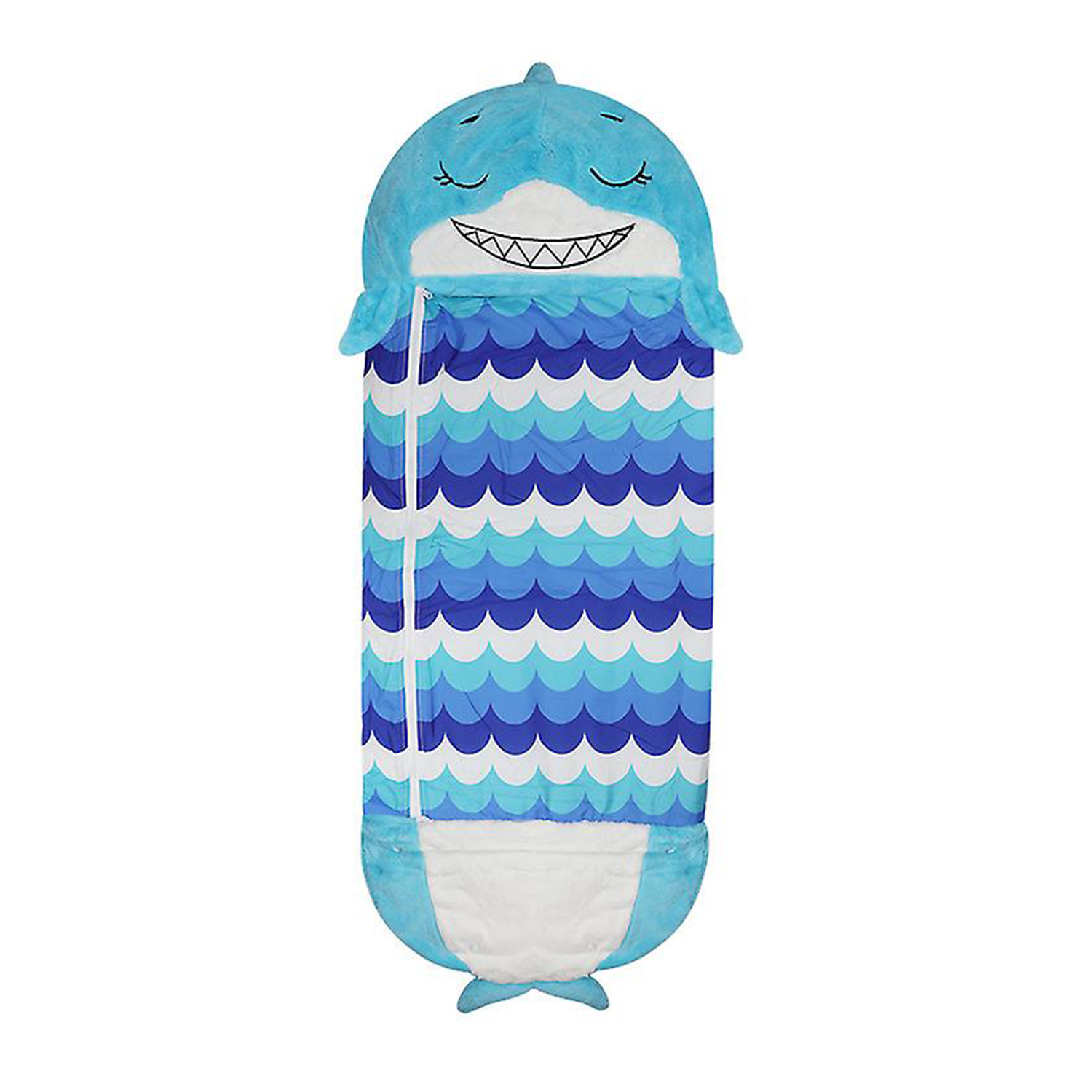 Un sacco a pelo a forma di squalo. Ha una pinna blu, corpo turchese con denti bianchi e un motivo a onde blu e bianche.