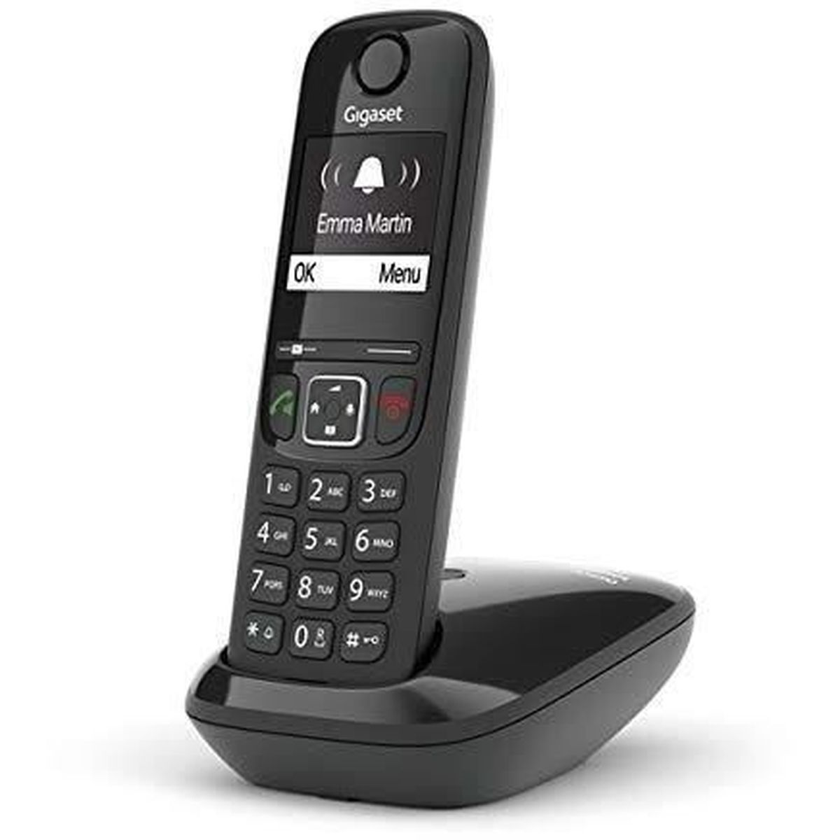 Ein schwarzes Gigaset-Schnurlostelefon mit Bildschirm, auf dem 'Emma Martin' steht, und einer Tastatur mit Zahlen. Es steht auf einer schwarzen Basis.