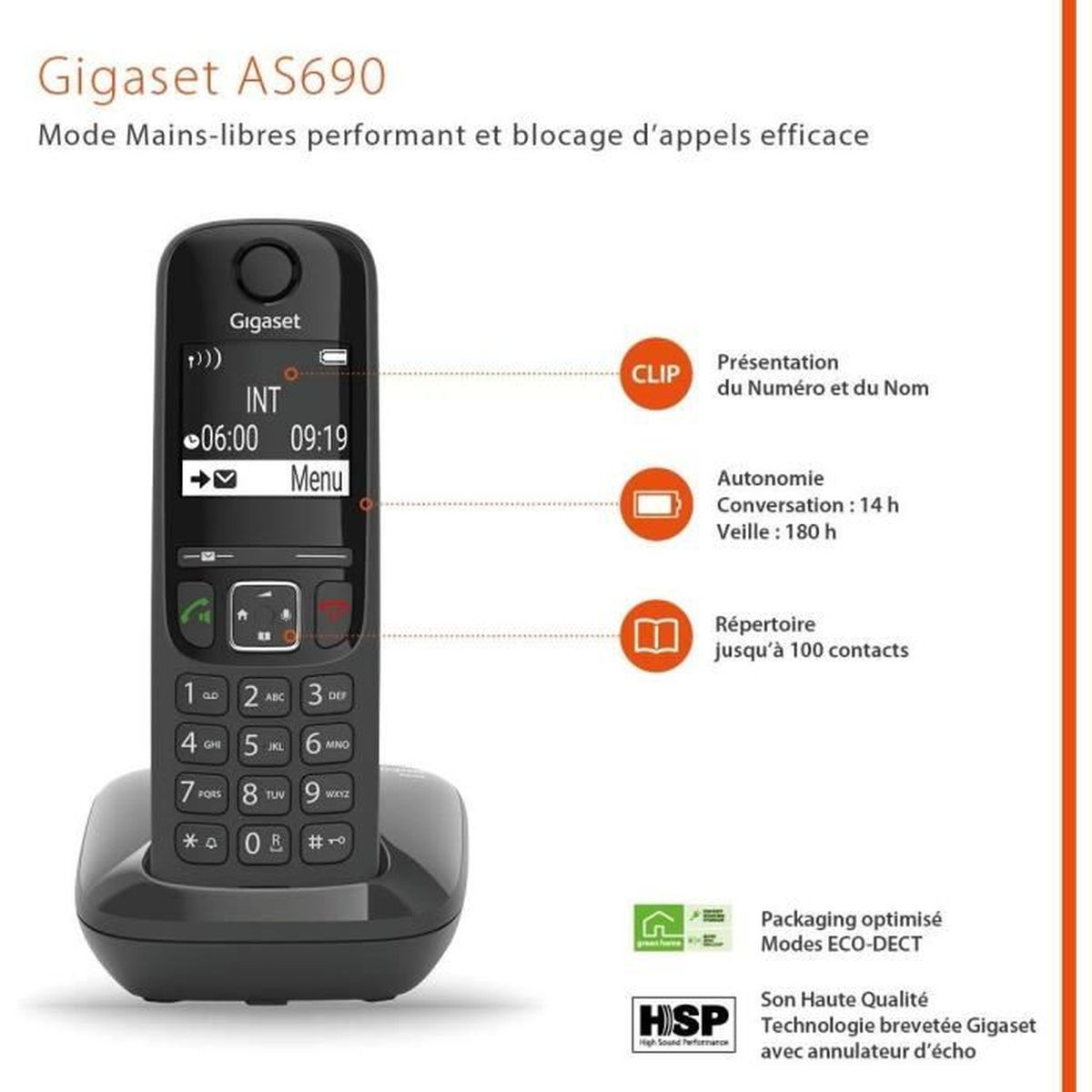 Schwarzes Gigaset-Telefon auf Ladestation. Es hat einen Bildschirm und Zifferntasten. Text beschreibt Funktionen.