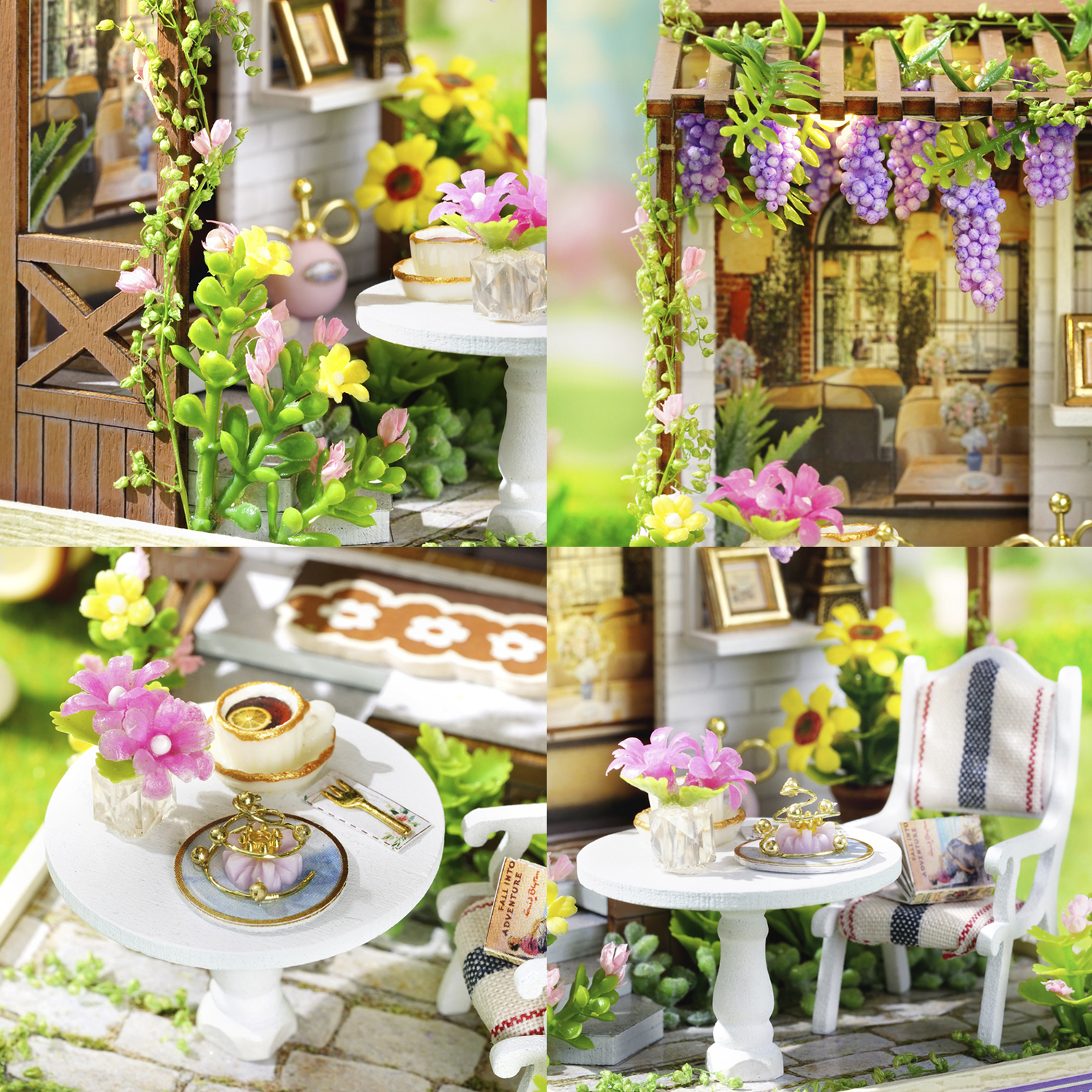 Scena in miniatura con tavolo bianco, fiori, sedia e casetta con recinto in legno e uva viola.