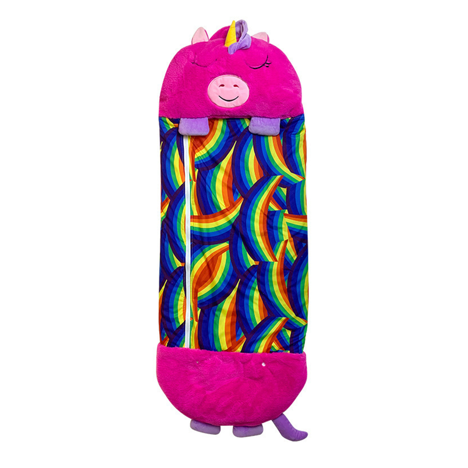 Un sacco a pelo a forma di unicorno rosa con motivo arcobaleno. Ha una faccia sorridente, zampe viola e una coda su sfondo bianco.
