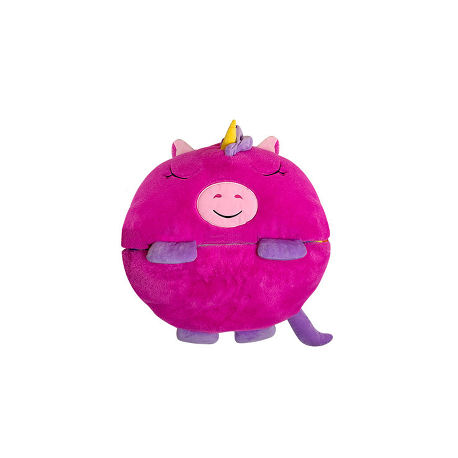 Un peluche a forma di unicorno rosa rotondo con dettagli viola. Ha gli occhi chiusi, un viso sorridente e un corno giallo.