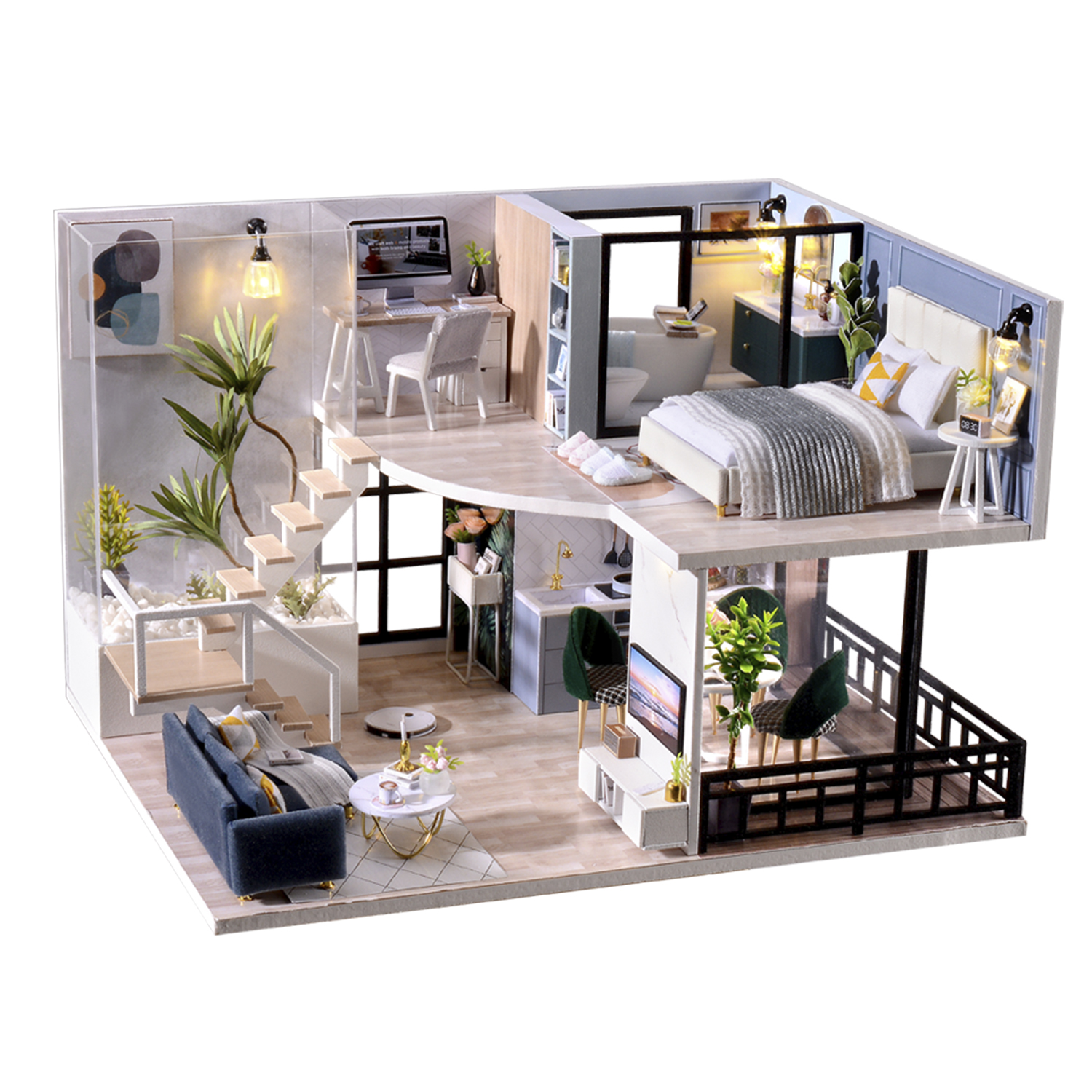 Una casa delle bambole a due piani con camera da letto, bagno, soggiorno e balcone. Arredata con mobili e decorazioni in miniatura.