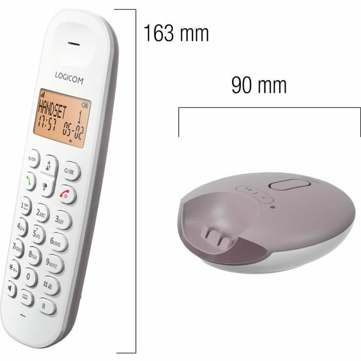 Ein weißes schnurloses Telefon mit Bildschirm, der Zeit und Datum anzeigt, und eine graue Ladestation. Abmessungen: 163 mm und 90 mm.
