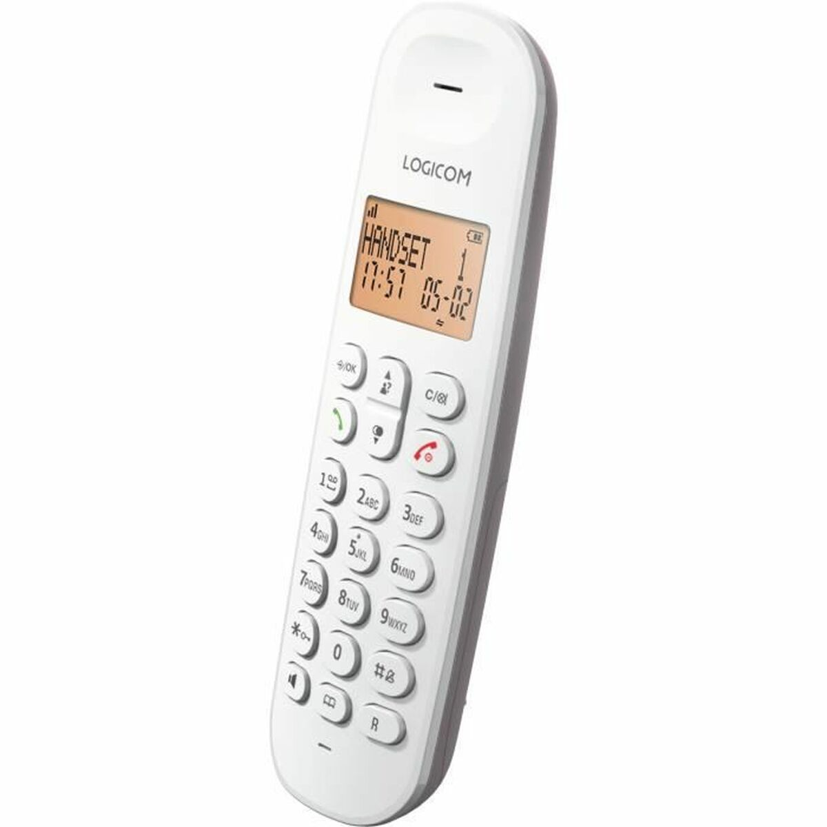 Ein weißes schnurloses Telefon mit Display, das "HANDSET" und die Uhrzeit anzeigt. Es hat Zifferntasten und einen Lautsprecher.