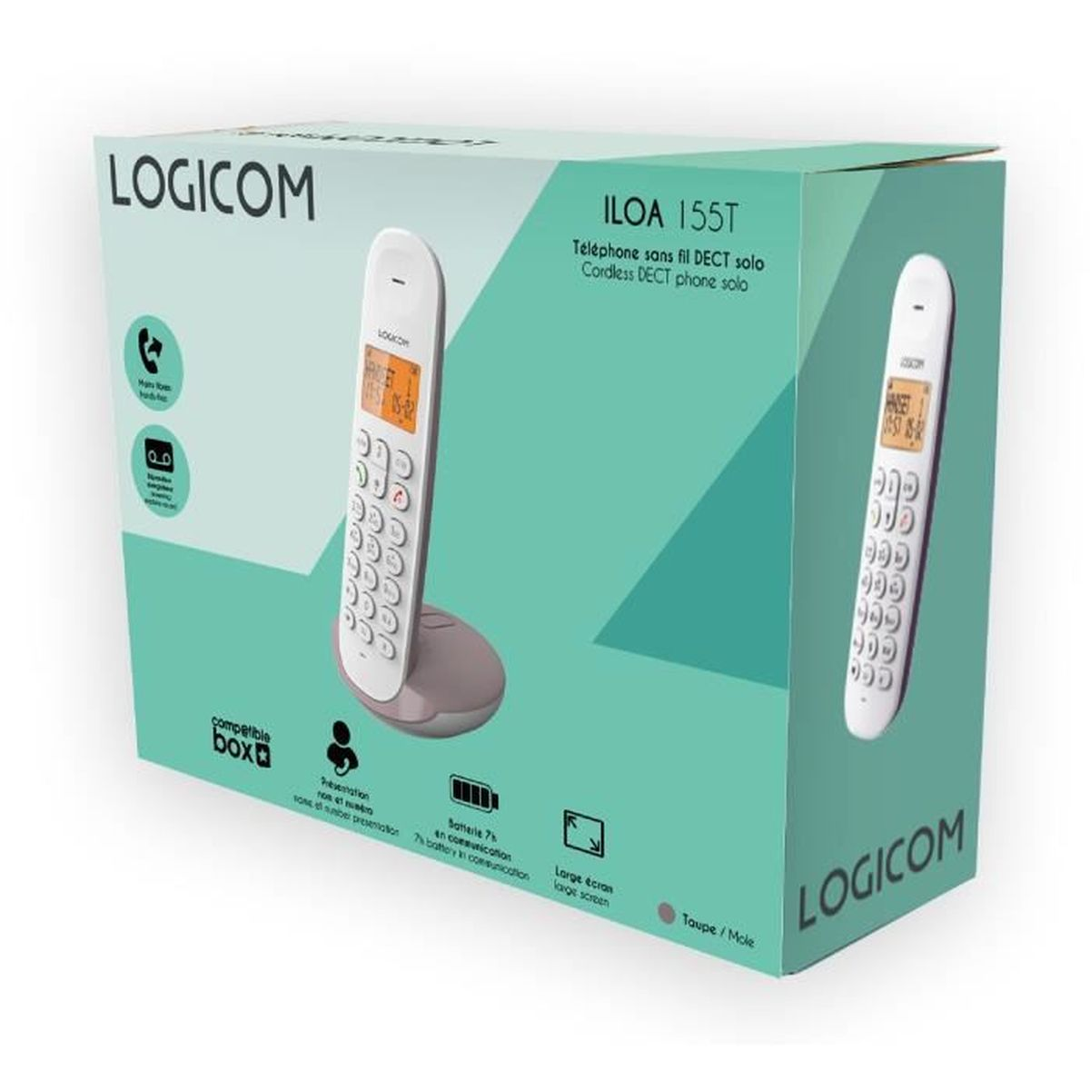 Schachtel eines schnurlosen Telefons der Marke LOGICOM. Es hat ein weißes Telefon darauf. Die Schachtel ist grün mit etwas Text darauf.