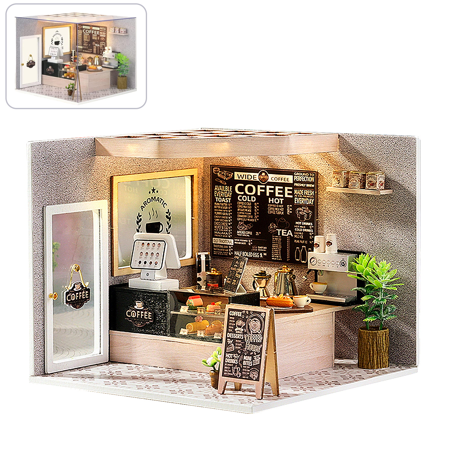 Miniatur-Kaffeeladen-Modell. Merkmale sind Theke, Menü, Espressomaschine, Gebäck und Topfpflanzen. Eine Tür ist offen.