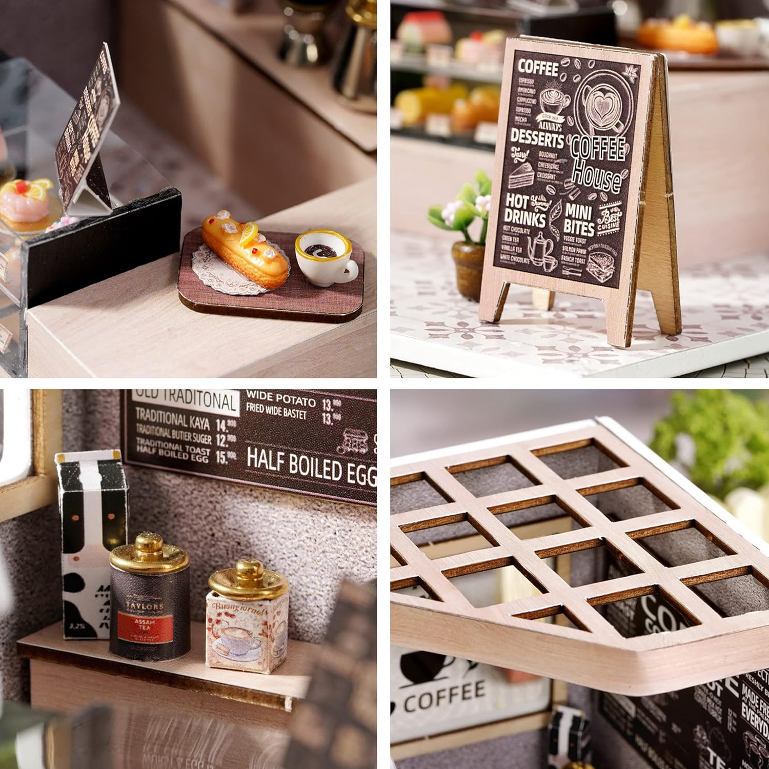 Miniatur-Kaffeehaus-Szene. Enthält Gebäck, Kaffee und eine Menütafel. Details wie Teedosen und eine Waffelstruktur.